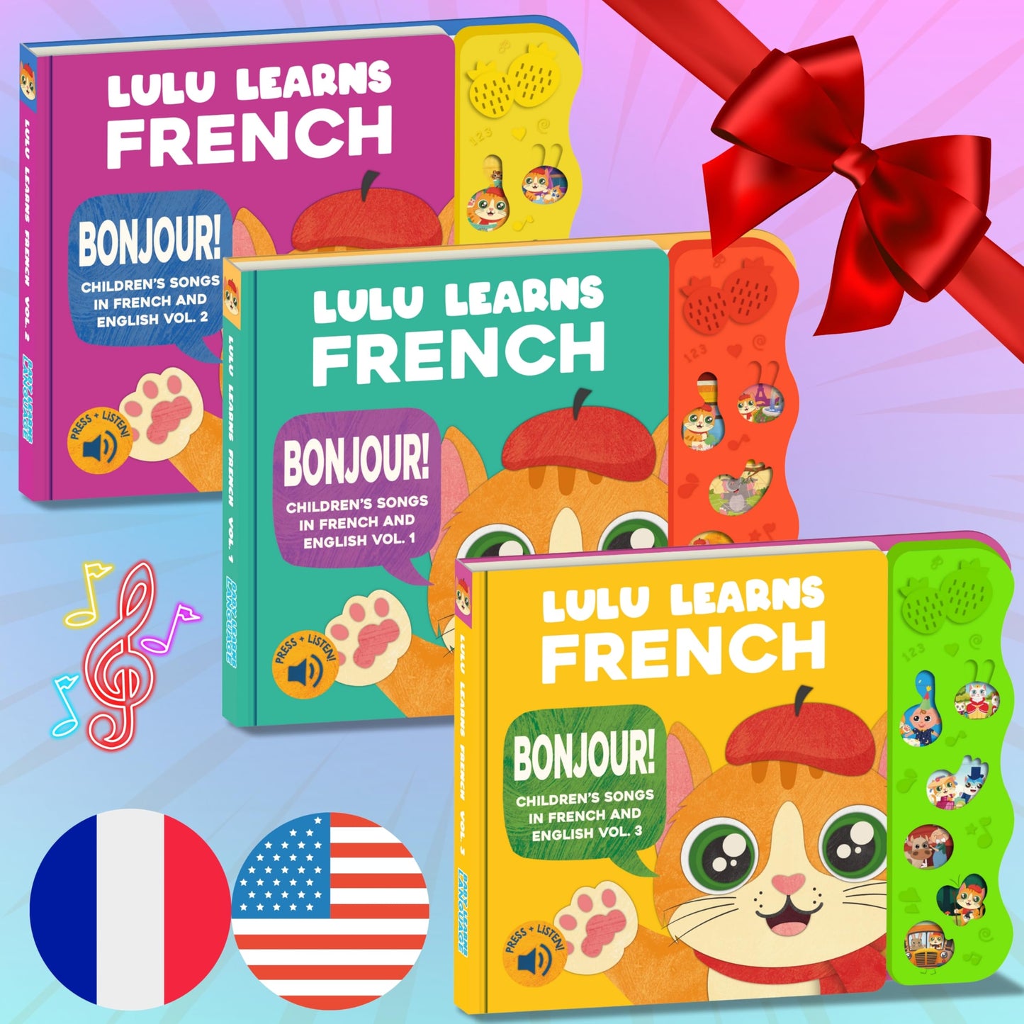 Lulu Learns French Vol. 3: Musical Baby Book in French, Bilingual Baby Book for Toddlers 1-3, Kids, Girls & Boys, Interactive French Toy for Babies & Children