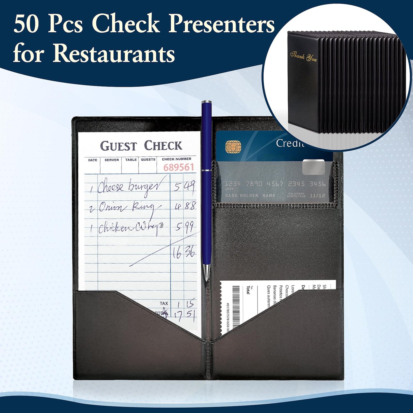 50 Pcs Check Presenters for Restaurants 4 x 8 inch Guest Check Presenters for Restaurant Black Card Bill Holder Receipt Check Holders with Guest Checkbook for Servers Waitress Waiter