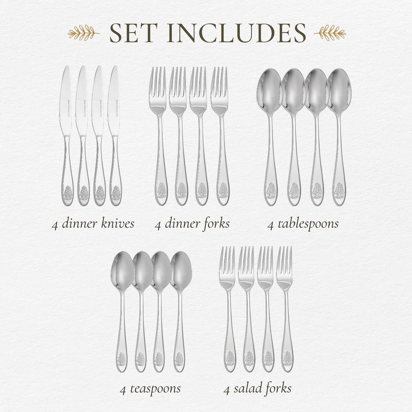 Portmeirion Spode Christmas Tree Collection Stainless Steel Flatware Set - Holiday Cutlery Set, 4 Dinner Forks, Salad Forks, Dinner Knives, Tablespoons, Teaspoons - 20 Piece
