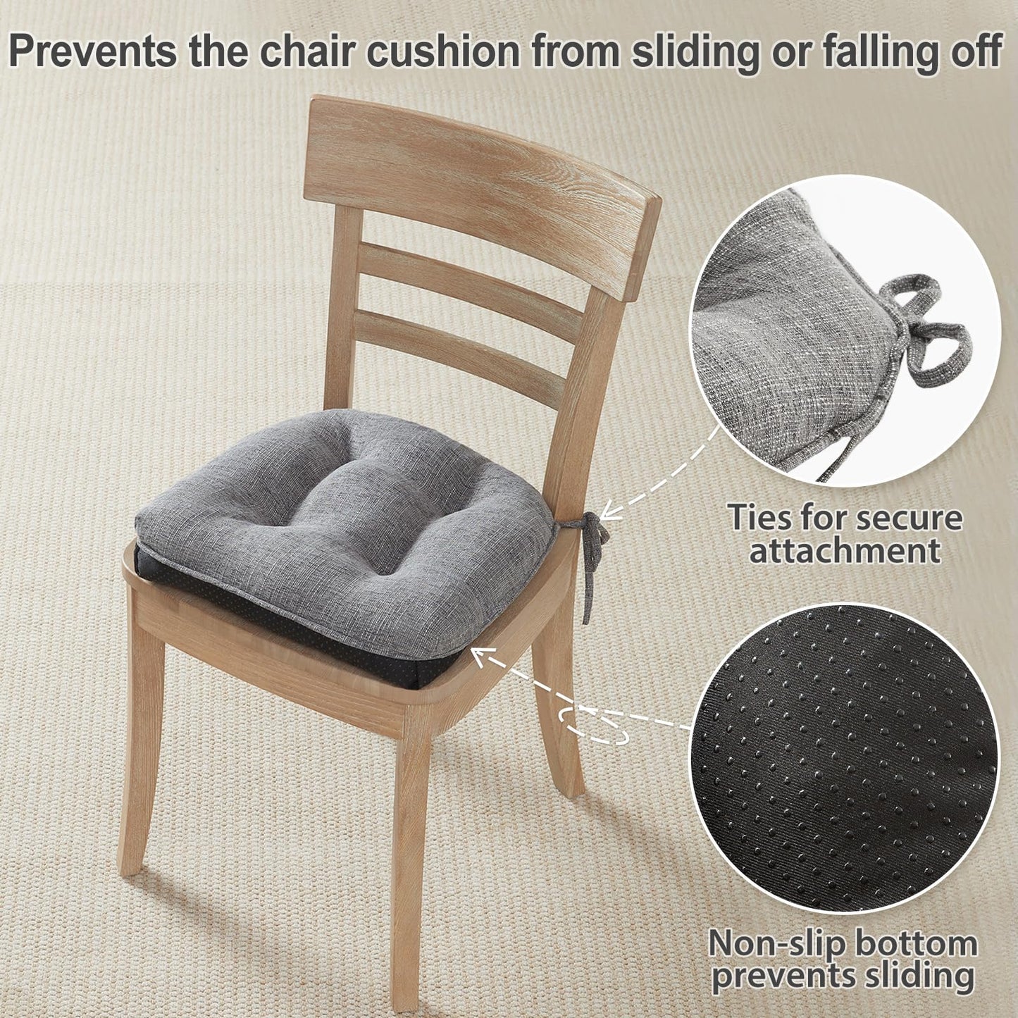 Quilmfoam 16.5"x15.5" Kitchen Chair Cushions Set of 4 for Dining Chair, Soft Tufted Non-Slip Memory Foam Seat Cushion with Ties for Indoor Kitchen Dining Furniture, Dark Grey