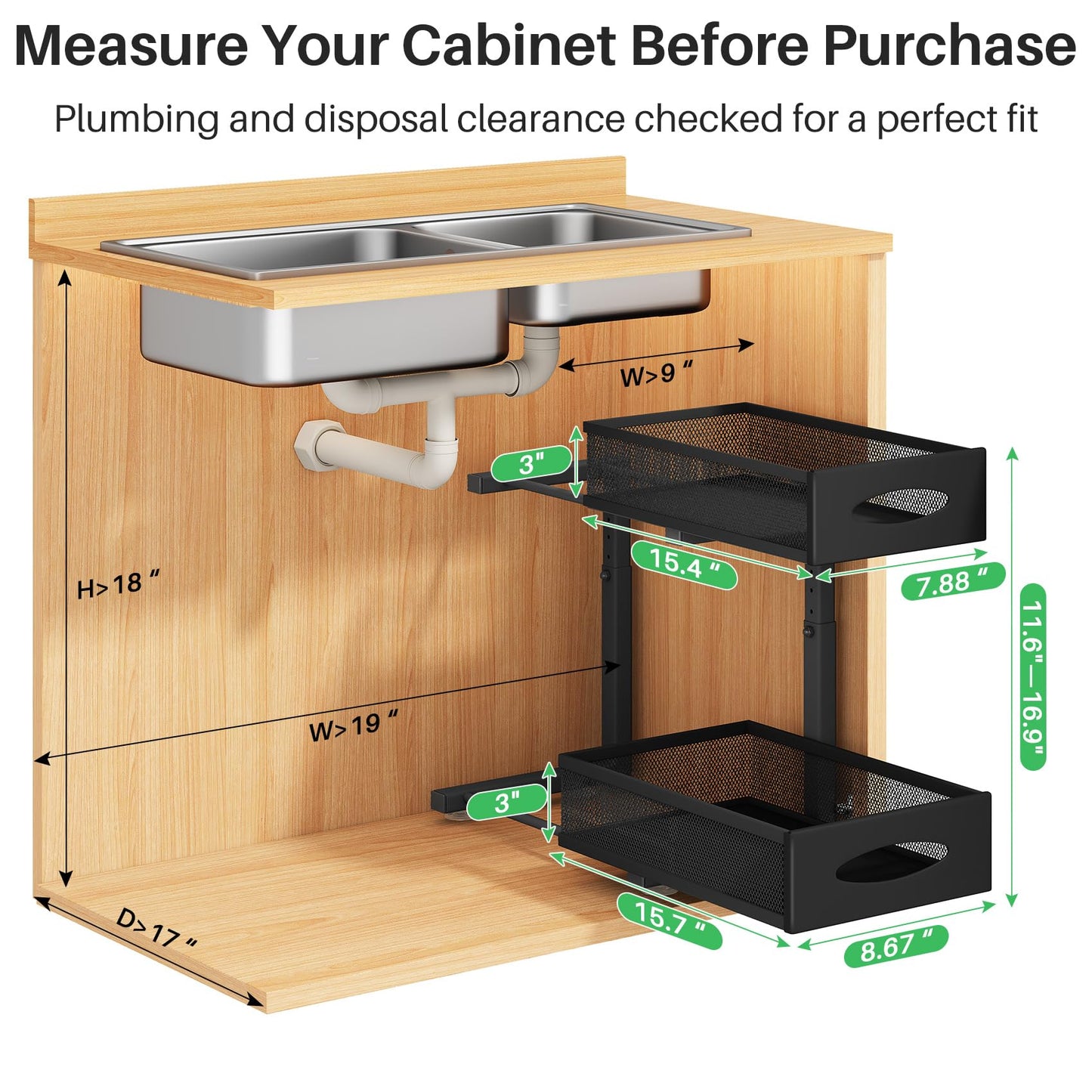 Under Sink Organizer, 2 Pack 2 Tier Pull out Cabinet Organizer Baskets with Mesh Sliding Drawers, Slide out Sink Storage Shelves for Home, Kitchen, Bathroom, Pantry, Office Organizers and Storag,Black