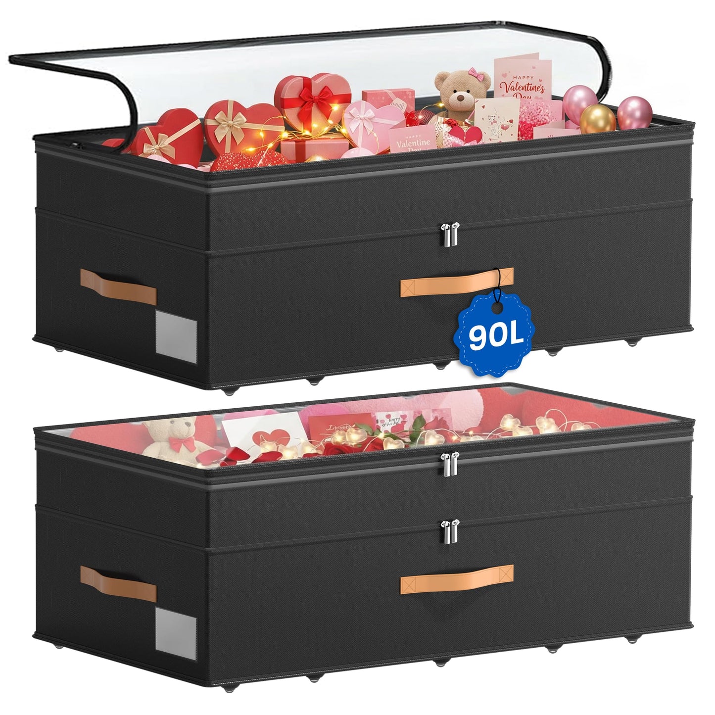 Under Bed Storage with Wheels, 2-Pack Underbed Storage Containers, No Assemble 11 inches 90L XXL Large Adjustable Storage Bins with Clear Lids, Rolling Storage for Clothes, Shoes, Blankets, Black