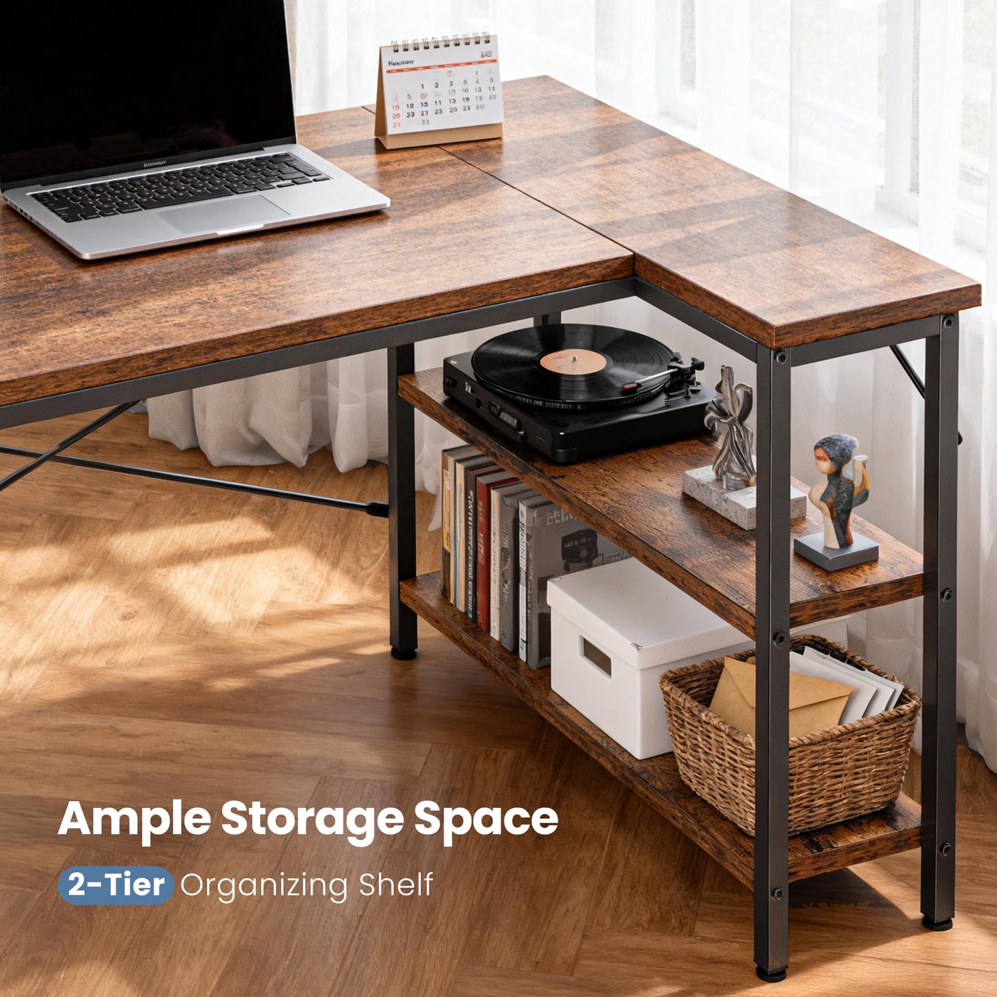 DUMOS L Shaped Desk 39 Inch Computer Corner Gaming Desks for Home Office PC Table with Reversible Storage Shelves for Writing Working Study Bedroom Dorm Rustic Brown