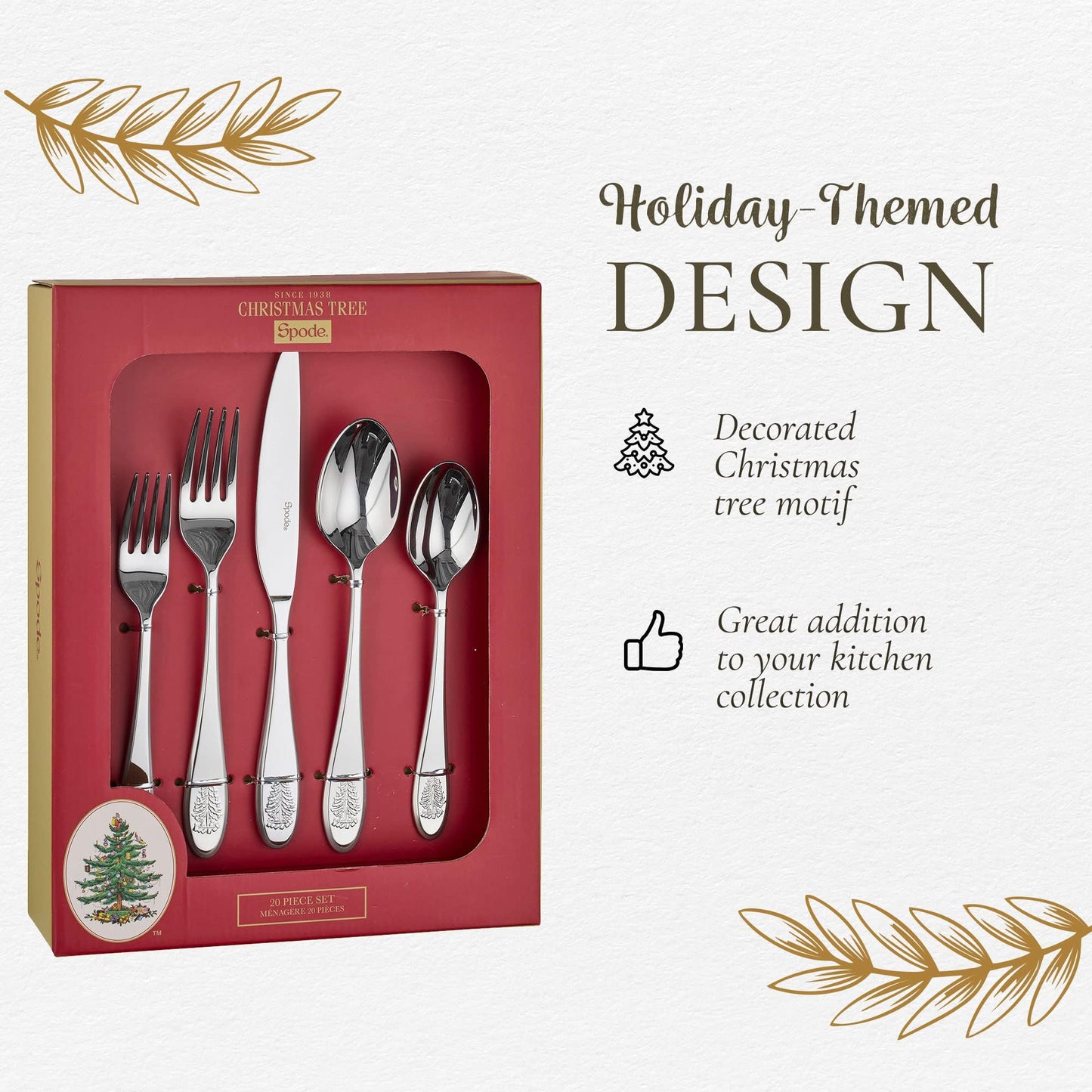Portmeirion Spode Christmas Tree Collection Stainless Steel Flatware Set - Holiday Cutlery Set, 4 Dinner Forks, Salad Forks, Dinner Knives, Tablespoons, Teaspoons - 20 Piece