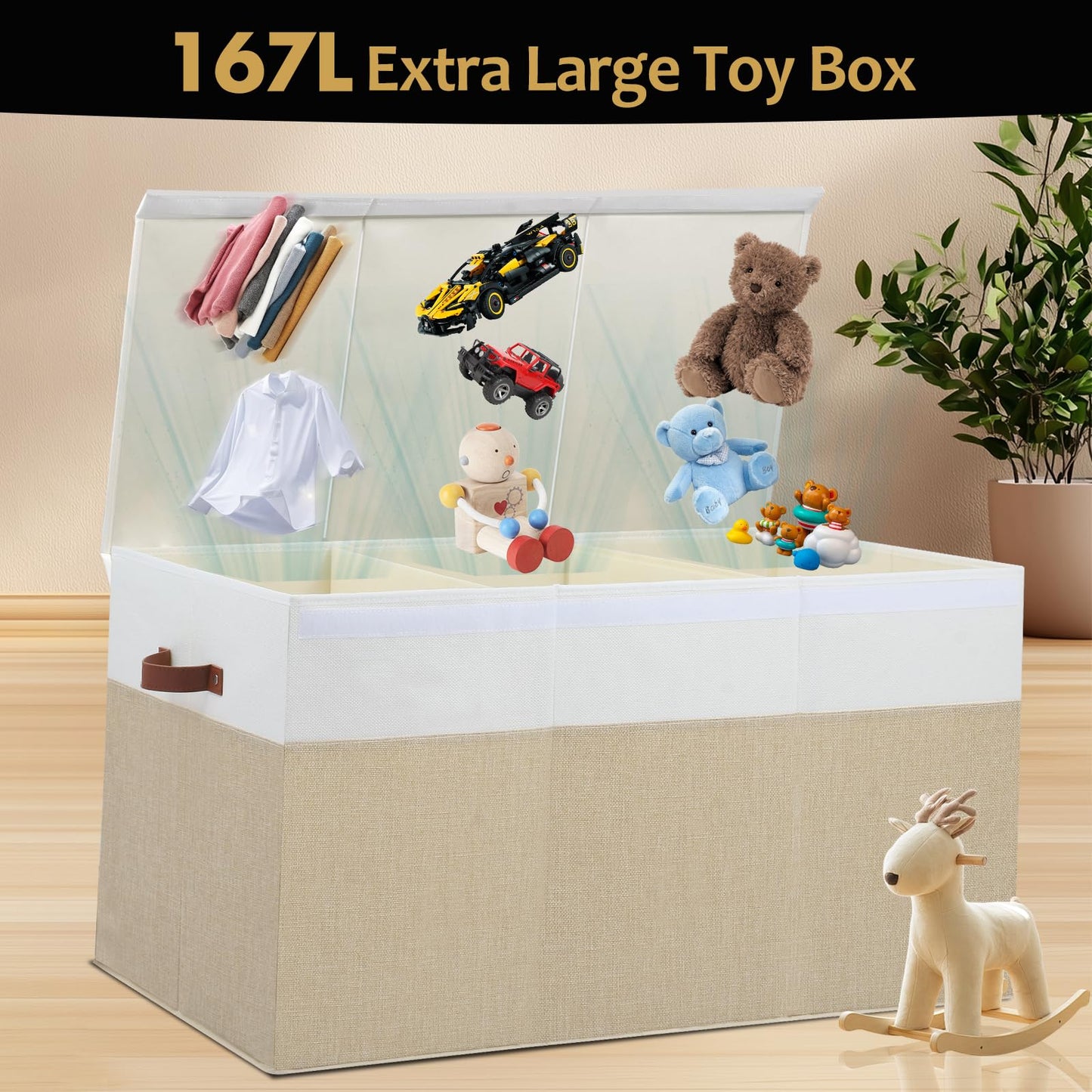 Gowee Extra Large Toy Storage Box with Lid, Sturdy Toys Storage Chest Bin Organizer Basket with Dividers for Kids, Boys, Girls, Nursery, Closet, Bedroom, Playroom 35.5"x17" x17" (Beige and White)