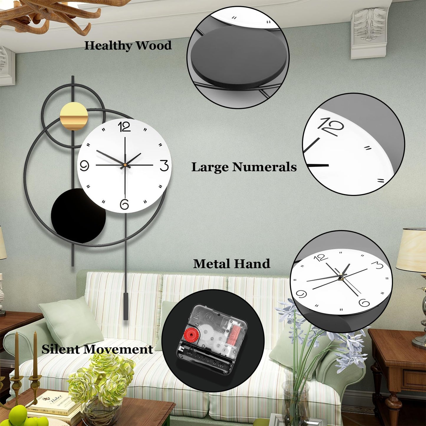 JUJUDA Large Modern Wall Clock for Living Room Decor 24 Inch Big Decorative Black Metal Wall Clock with Pendulum for Home Bedroom Kitchen Office Battery Operated Non Ticking Decoration Clocks Wall