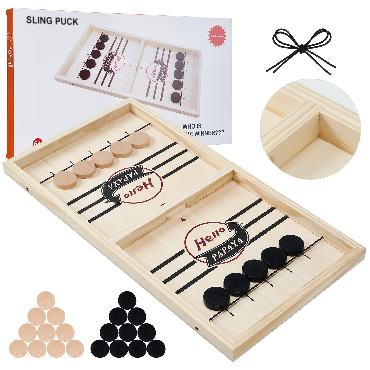 HELLO PAPAYA Fast Sling Puck Game - Test Your Speed and Accuracy with This Fast-Paced Wooden Air Hockey Desktop Battle Board Game - Guaranteed Fun Gifts for Family Night or Friends Party