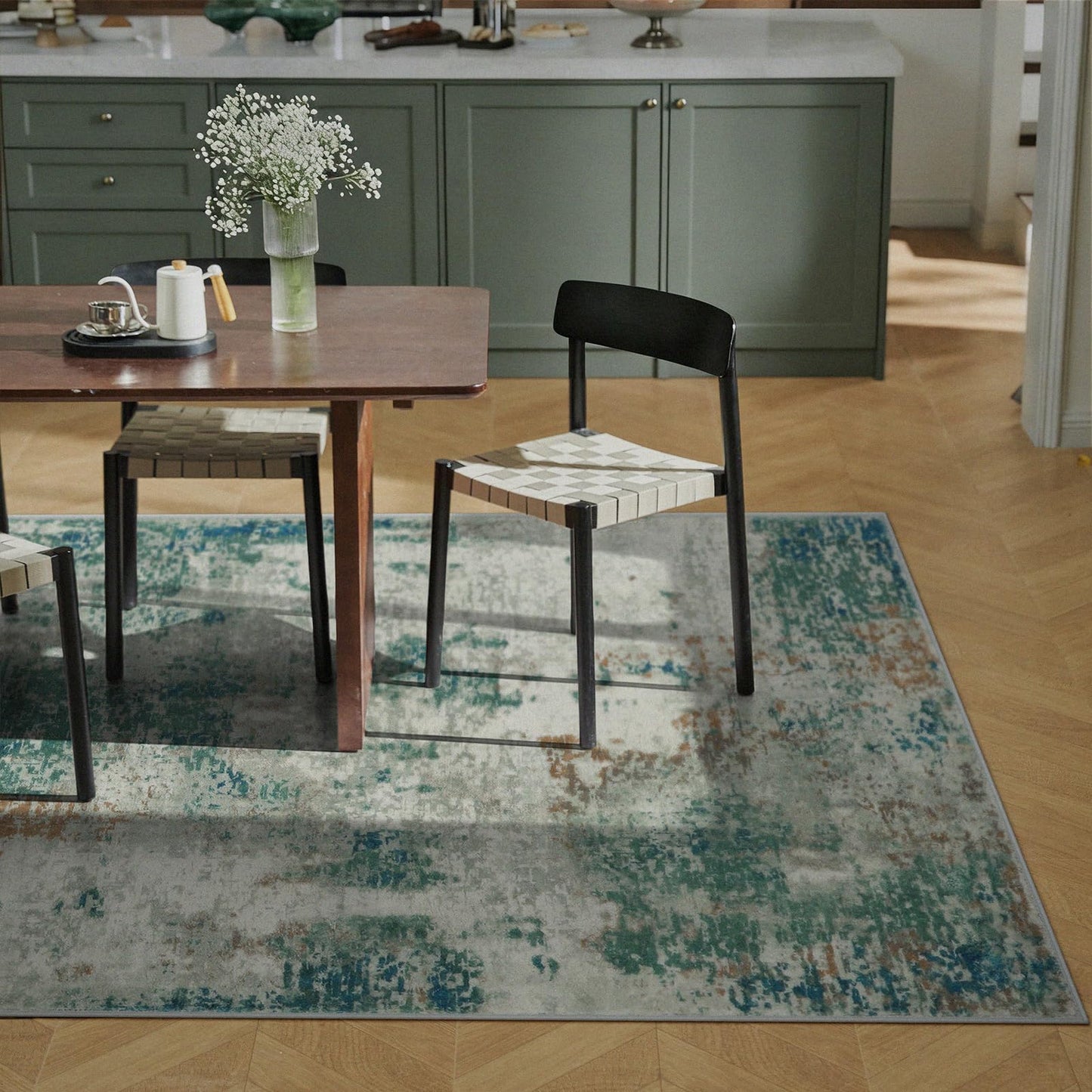 Lahome Modern Abstract Area Rug 5x7 Rugs for Living Room, Washable Accent Bedroom Rug Non-Slip Non Skid, Indoor Floor Contemporary Carpet for Kitchen Bathroom Laundry,Green/Grey