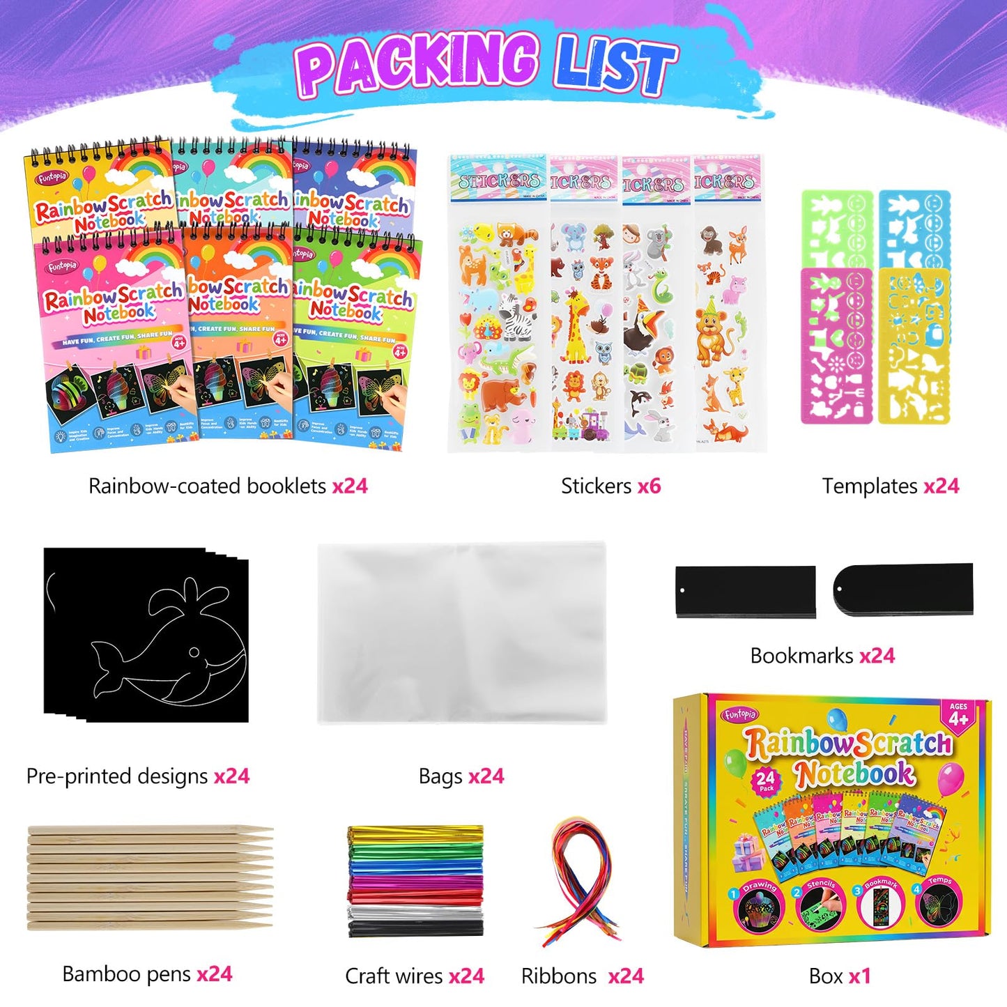 Party Favors for Kids, 24 Pack Scratch Art Rainbow Notebooks, Funtopia Loot Bag Fillers Goodie Bag Stocking Stuffers for Kids 4-8 8-12, Classroom Prizes for Students from Teacher