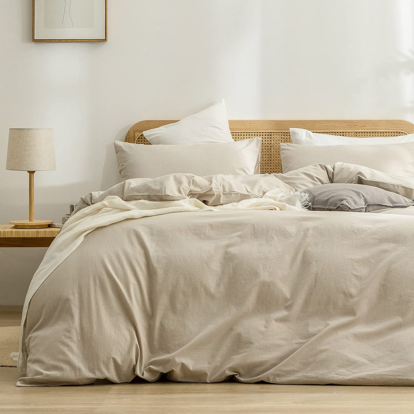 BESTOUCH Duvet Cover Set 100% Cotton Linen Feel Super Soft Comfortable Chic Lightweight 3 PCs Home Bedding Set Solid Almond Milk Grey King