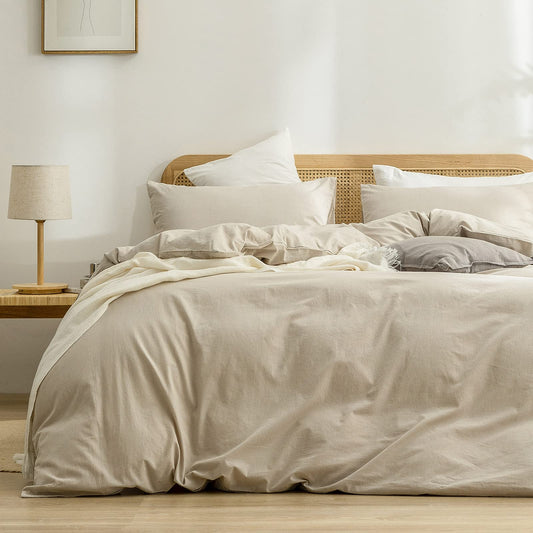 BESTOUCH Duvet Cover Set 100% Cotton Linen Feel Super Soft Comfortable Chic Lightweight 3 PCs Home Bedding Set Solid Almond Milk Grey King