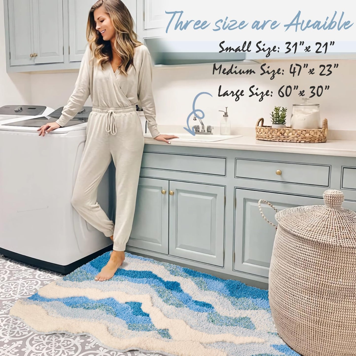 DyeFury Large Ocean Sea Wave Rug 60"x30", Beach Themed Room Decor Aesthetic, Beachy Decor for Bedroom Nursery Kitchen, Washable Blue Area Rug for Summer Room, Nautical Coastal Room Decor