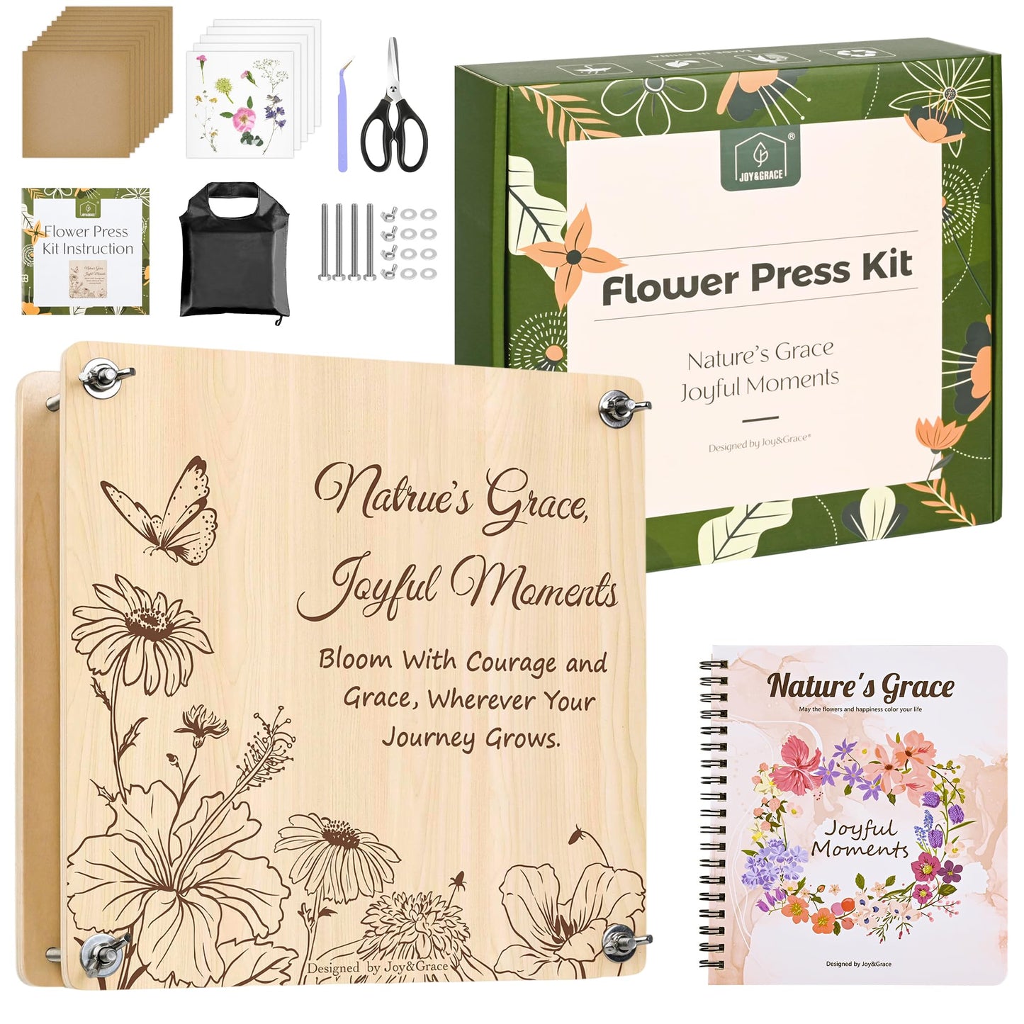 Joy&Grace Large Flower Press Kit for Adults with Designed Cover and DIY Album, 27.7 x 27.7 cm 10 Layers Plant Press and Plant Drying Toolkit, Flower Preservation Kit (Color Box, Natural Wood)