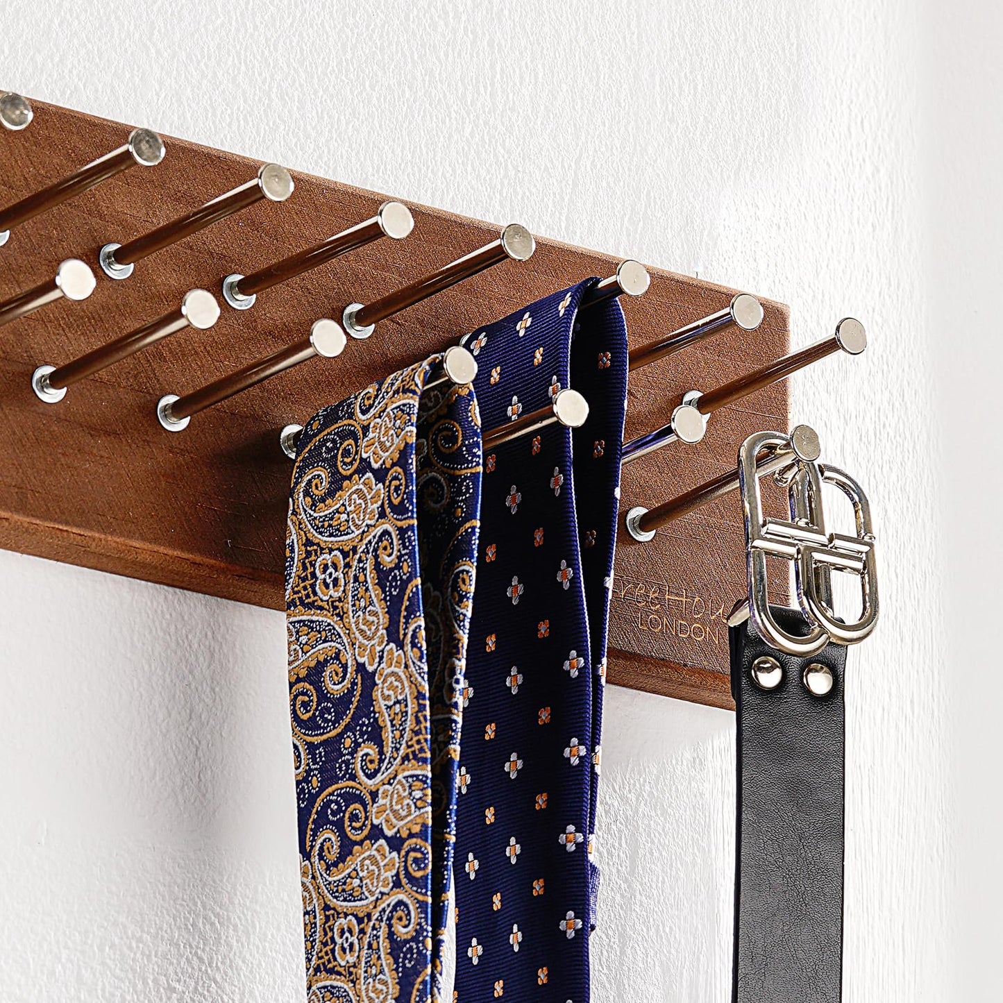 TreeHouse London Tie Rack Organizer – Holds 40 Large Ties – Solid Wood & Sturdy Metal Storage Holder for Closet – Wall Mounted Tie Display Hanger for Wall, Bedroom - (Walnut Tie Rack) 16" L X 4.25" H