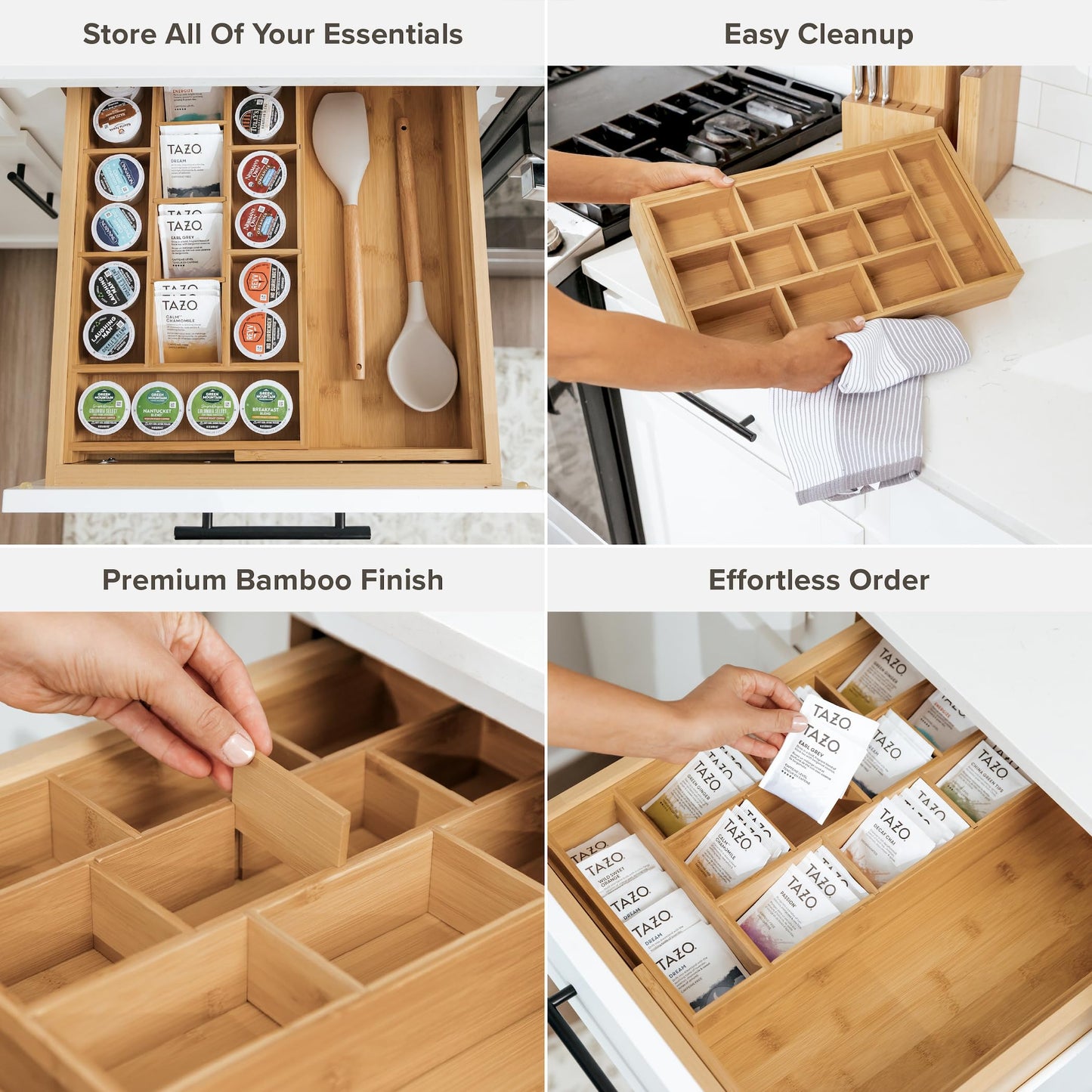KitchenEdge Tea Bag and Coffee Pod Kitchen Drawer Organizer, Expandable 9.7 to 17 Inches, 10 Accessory Compartments with Adjustable Wall Inserts, Non-Slip Rubber Feet, 100% Sustainable Bamboo Wood