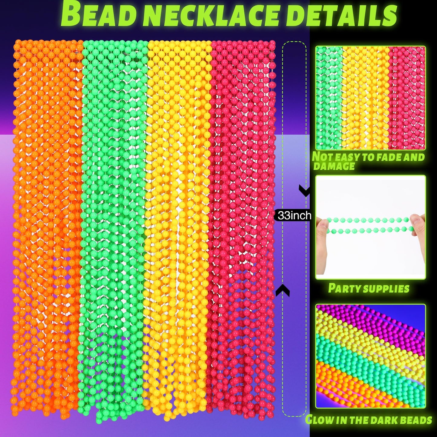 Ecally 96 Pieces Glow in the Dark UV Neon Bead Necklaces Glow Party Supplies 80s UV Black Light Neon Accessories Necklaces Bulk for Birthday Decorations Wedding Party Halloween