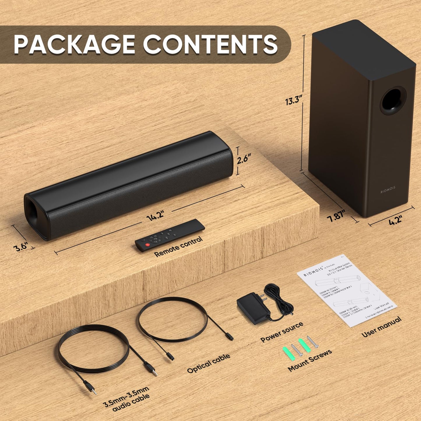 RIOWOIS Sound Bars for Smart TV with Subwoofer, 2.1 Deep Bass Small Soundbar Home Theater Surround System Speaker with 4 Inch Subwoofer, Bluetooth/Optical/AUX Connection, Compact Soundbar for TV