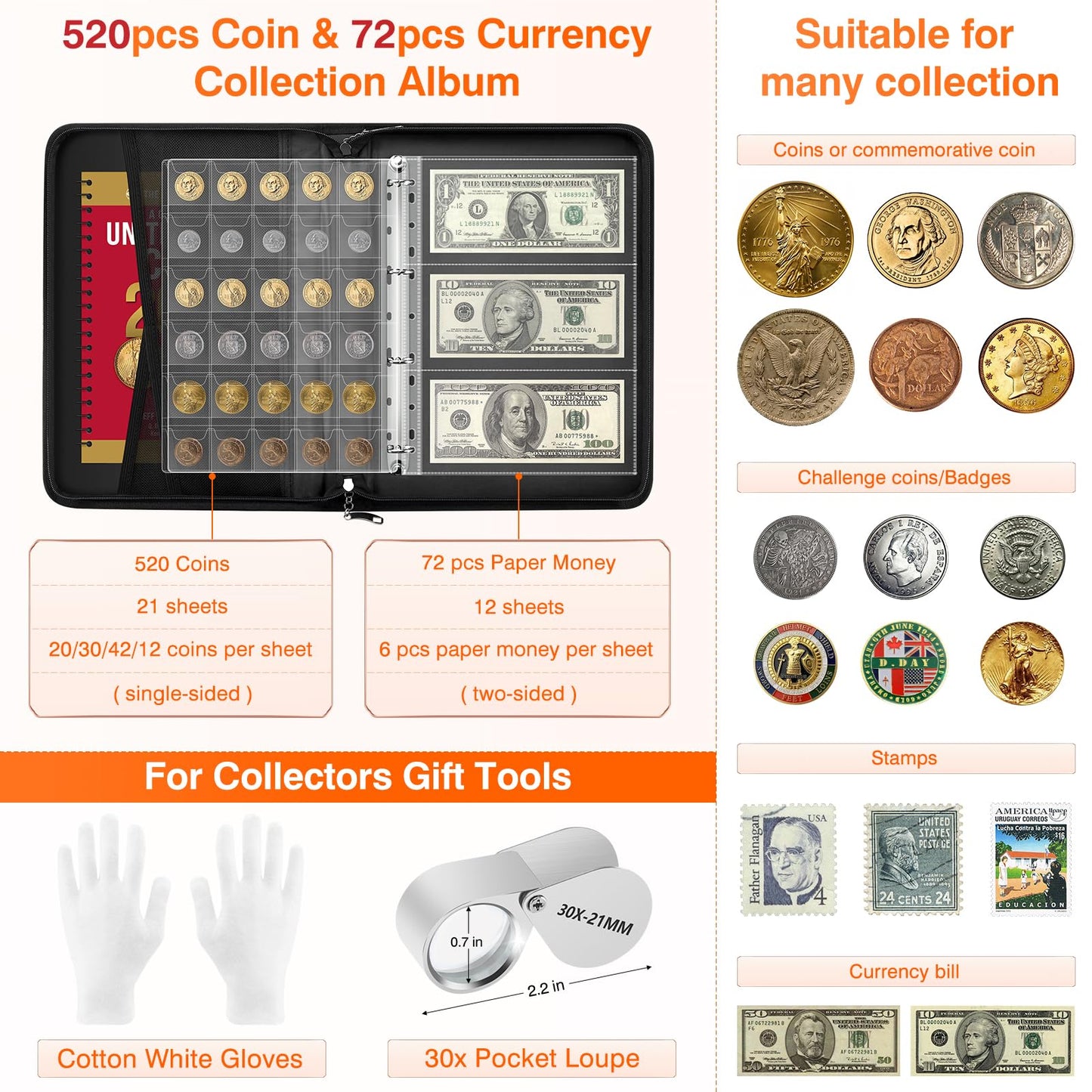 Coin Collection Book with 520 Pockets Coin Holders, Coin Albums for Collectors Coin Sleeves-Paper Money Binder Organizer Coins Storage Case with Lock,Collecting Coin Collection Supplies for Bill,Stamp