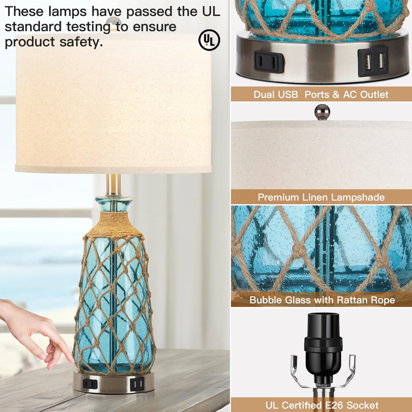Ruzectt Coastal Glass Table Lamps, 3-Way Dimmable Touch Control Bedside Lamps with 2 USB Ports and AC Outlet, Teal Nautical Nightstand Lamps for Bedroom Living Room (LED Bulbs Included)