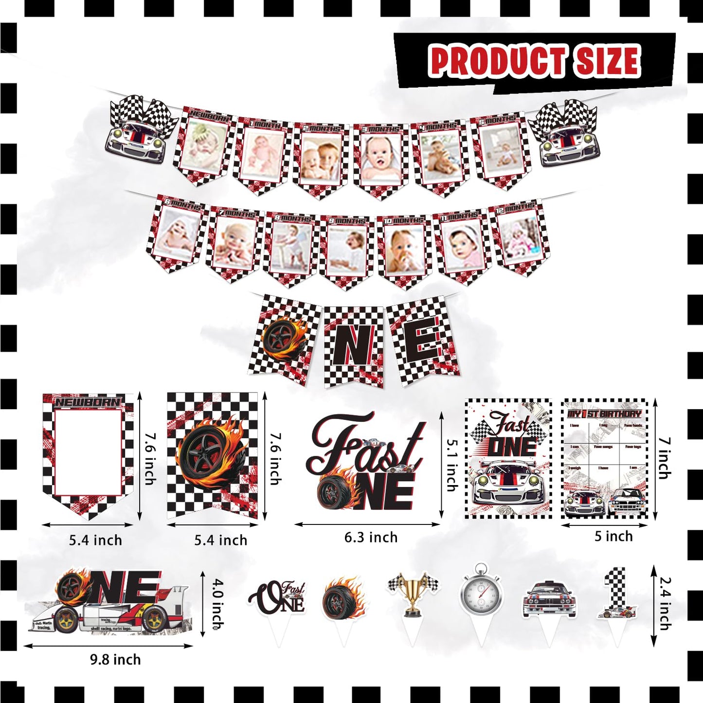 LXlucktim Fast One Birthday Decorations, 125 Pcs Race Car First 1st Birthday Party Supplies for Boys Baby - Banner, Cake Toppers, Balloons, Tablecloth, Centerpieces, Crown, Poster, Baby Boxes