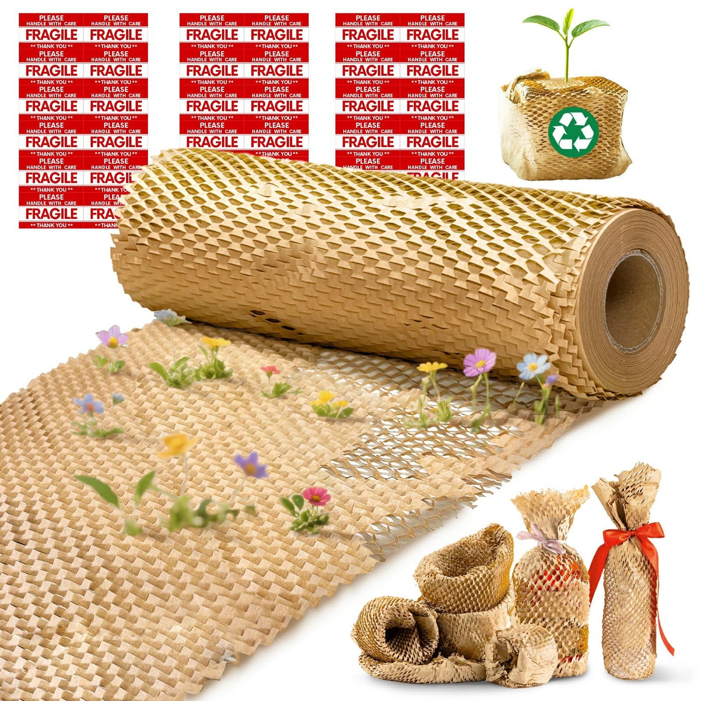 Honeycomb Packing Paper, 12"x400' Brown | Perforated Honeycomb Packing Paper Recyclable Moving Supplies for Shipping & Moving | Plastic-Free Alternative to Bubble Cushion Wrap with 36 Fragile Stickers
