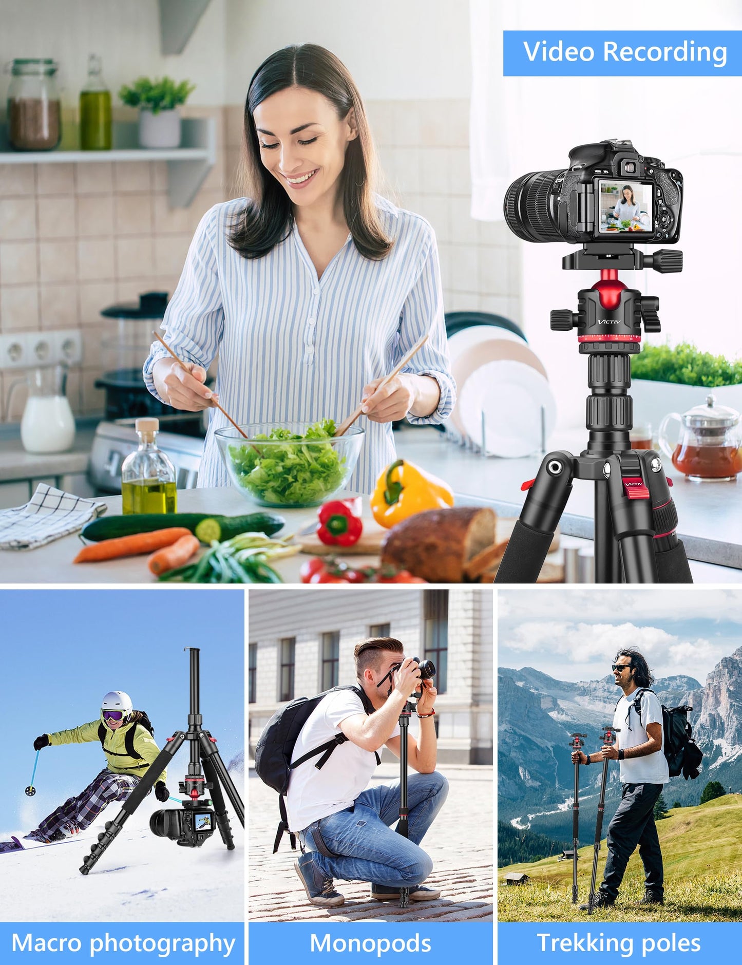 78" Aluminum Camera Tripods & Monopods, Victiv Compact Travel Tripod for Camera DSLR, Spotting Scope,Telescope, Binoculars, Porfessional Heavy Duty Camera Tripod Stand for Photography Video Recording