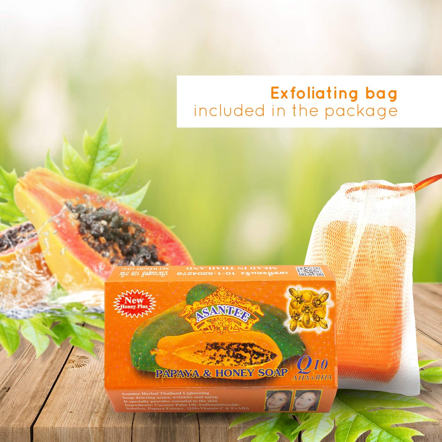ASANTEE PAPAYA & HONEY Soap Bars with Vitamin C,E and Q10 Skin Cleansing 4.40 Oz (Pack of 4)
