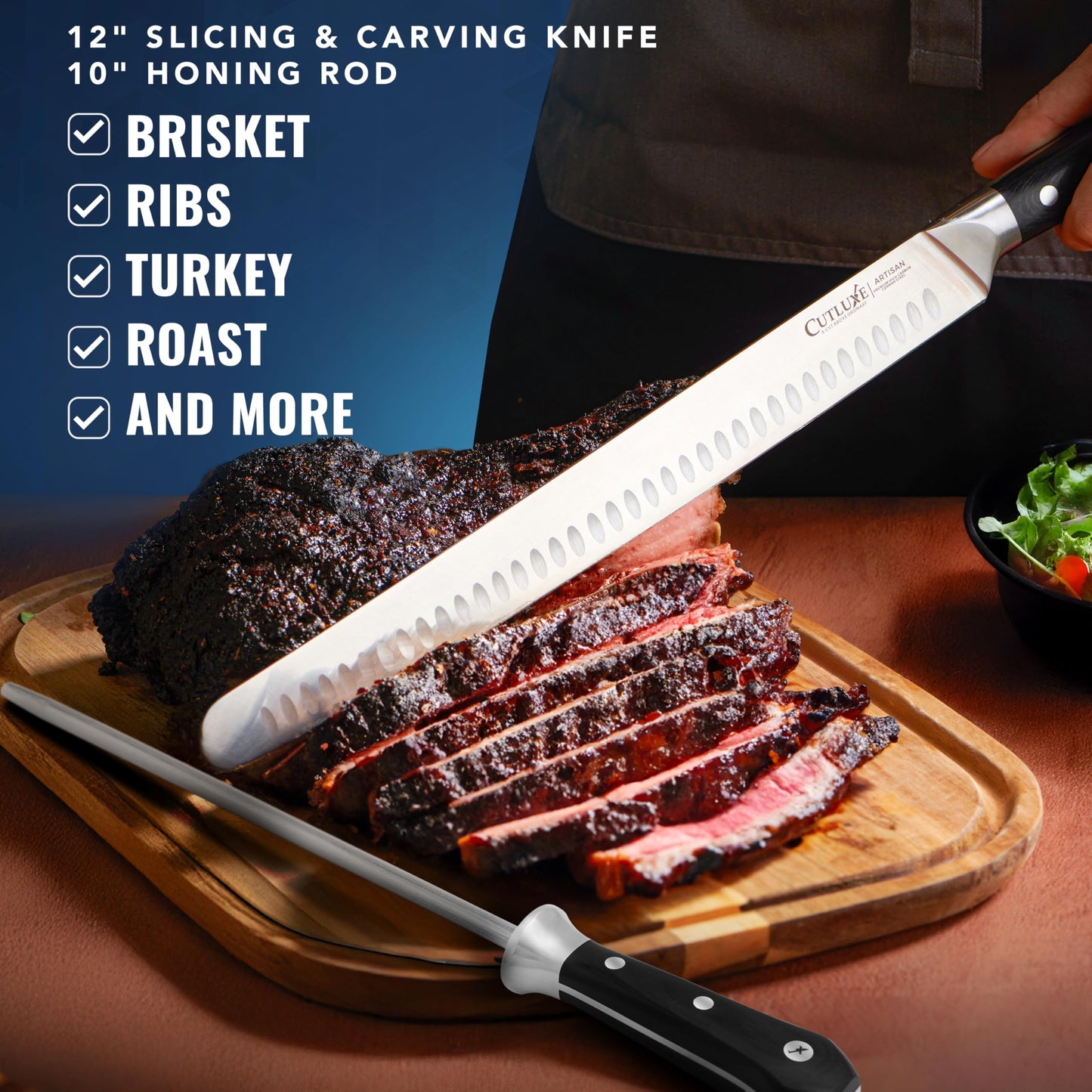 Cutluxe BBQ Knife Carving Set – 12" Brisket Knife & 10" Honing Rod, Butcher Knife Set for Meat Cutting – Ultra Sharp German Steel, Ergonomic Pakkawood Handles – Artisan Series