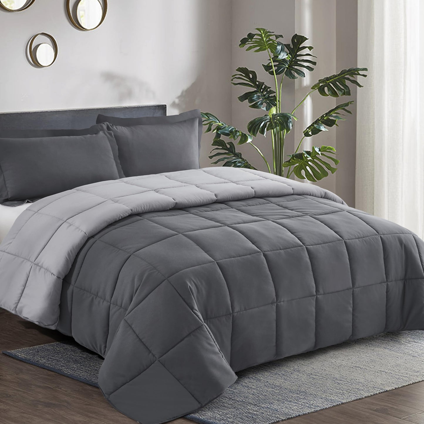 HIG 3pc Gray Full Size Comforter Set - All Season Reversible Down Alternative Comforter with Two Shams - Quilted Duvet Insert with Corner Tabs - Box Stitched Blanket - Breathable, Soft, Fluffy