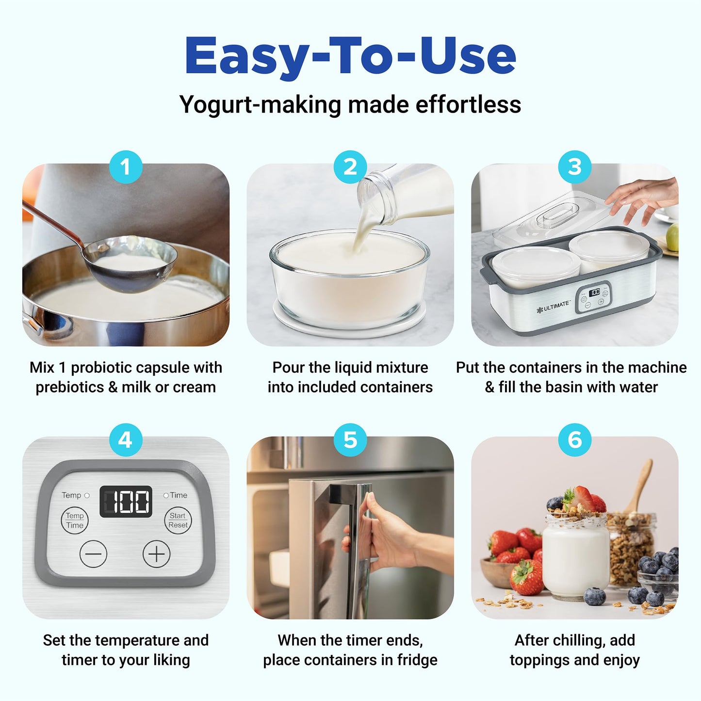 Ultimate Probiotic Yogurt Maker with Adjustable Time & Temp Control - Make Trillions of Live Probiotics with Two 1-Quart Containers for Larger Batches - Greek Yogurt Maker - ULTIMATE LIFETIME WARRANTY