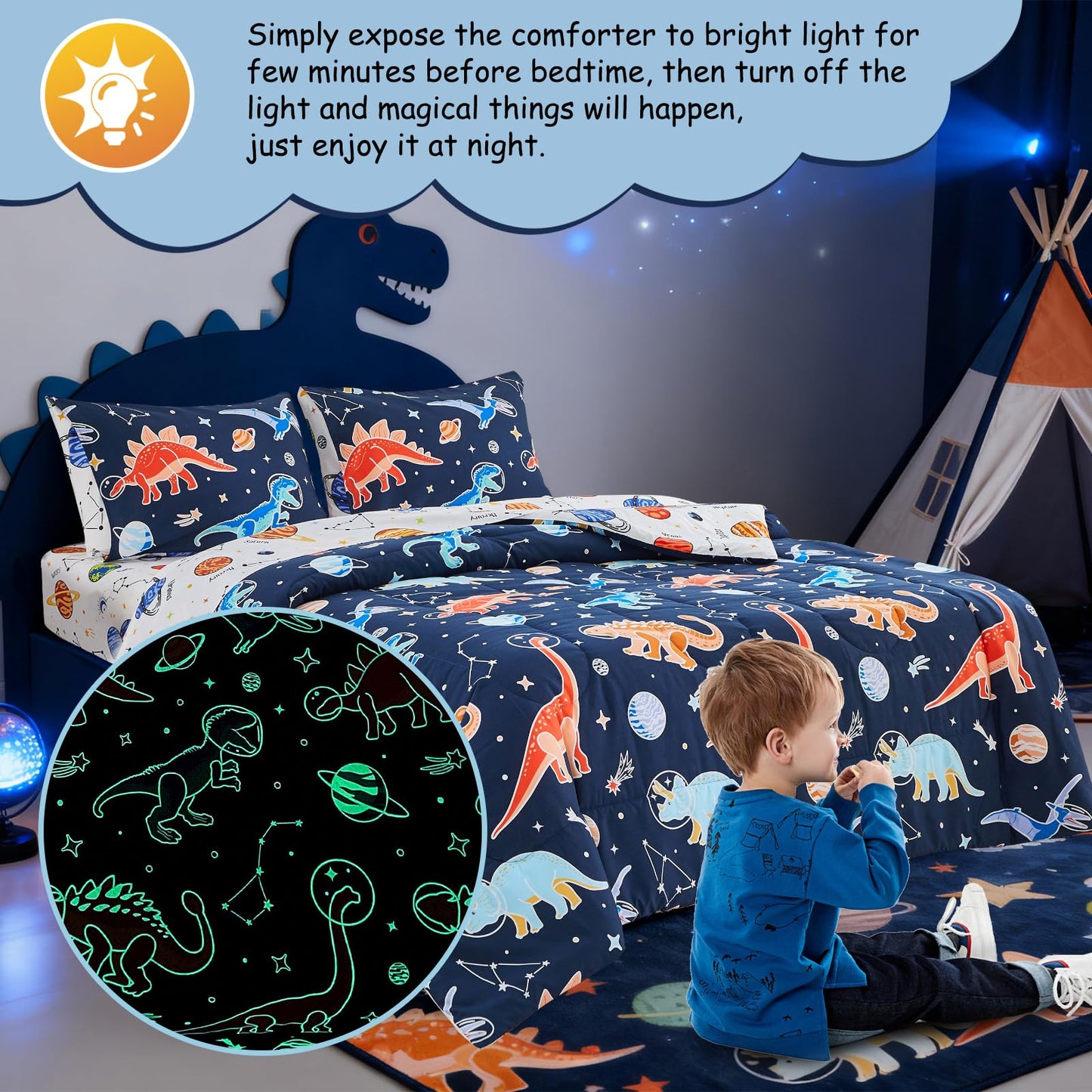 A Nice Night 5pc Glow in The Dark Kids Comforter Set,Dinosaur Galaxy Printed, Space Bedding Set Full Size for Boys Girls Teen