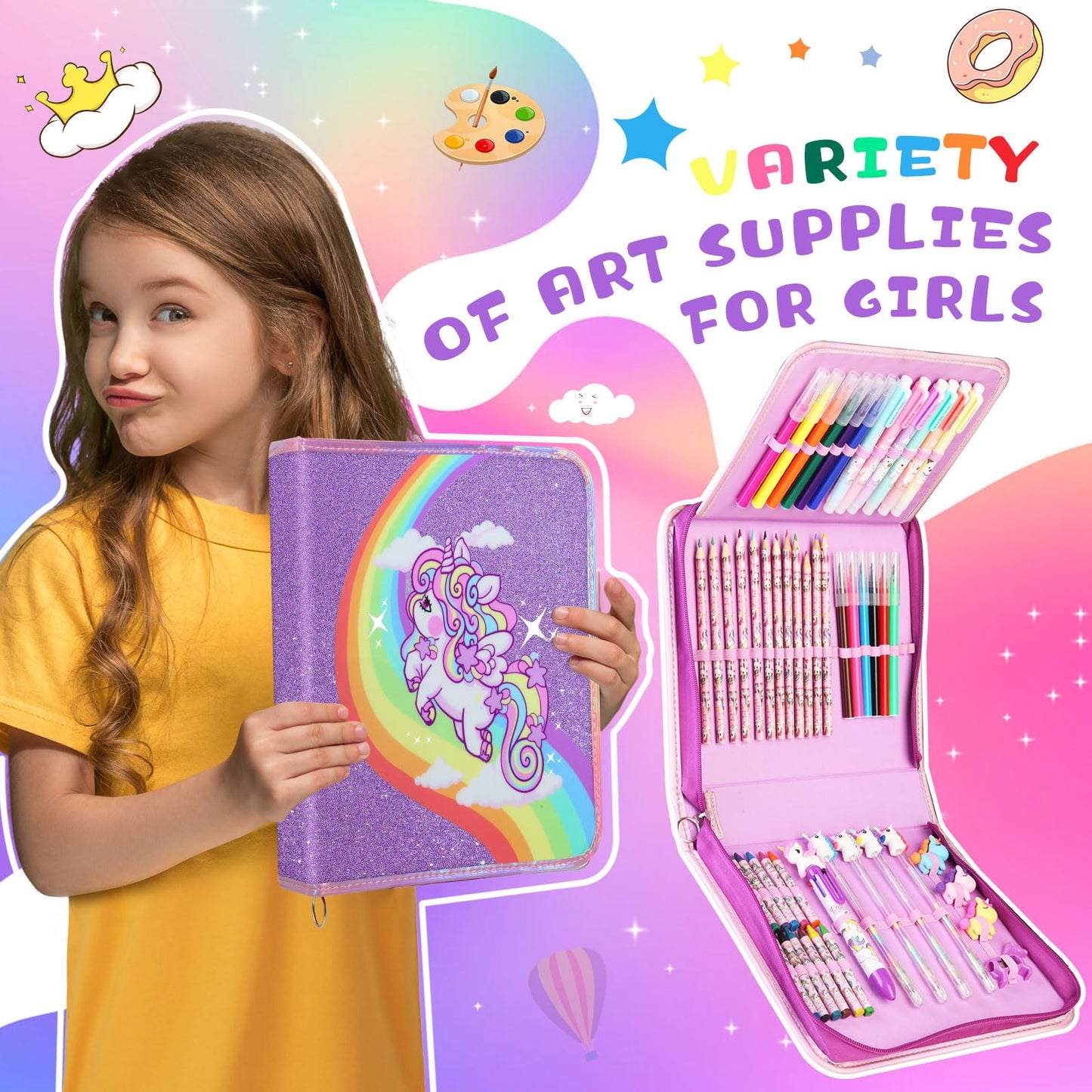 CozyJoyz Unicorn Marker Set Washable 59 Pieces Arts and Crafts Painting Set for Kids Drawing Art Supplies Birthday Gifts for Girls Toys for 4 5 6 7 8 9 Years Old (Purple)