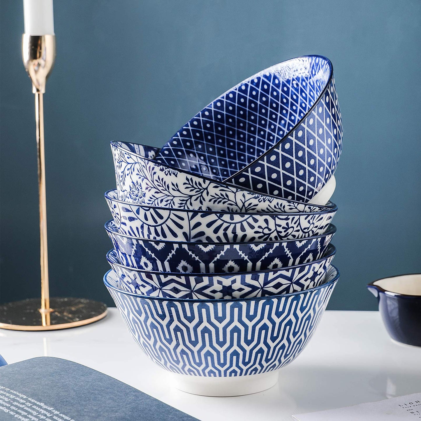 Selamica Blue and White Porcelain 20oz Cereal Bowl Set - Set of 6, 6 inch Soup Bowls, Ceramic bowls for Cereal, Soup, Salad and Pasta, Vintage Blue