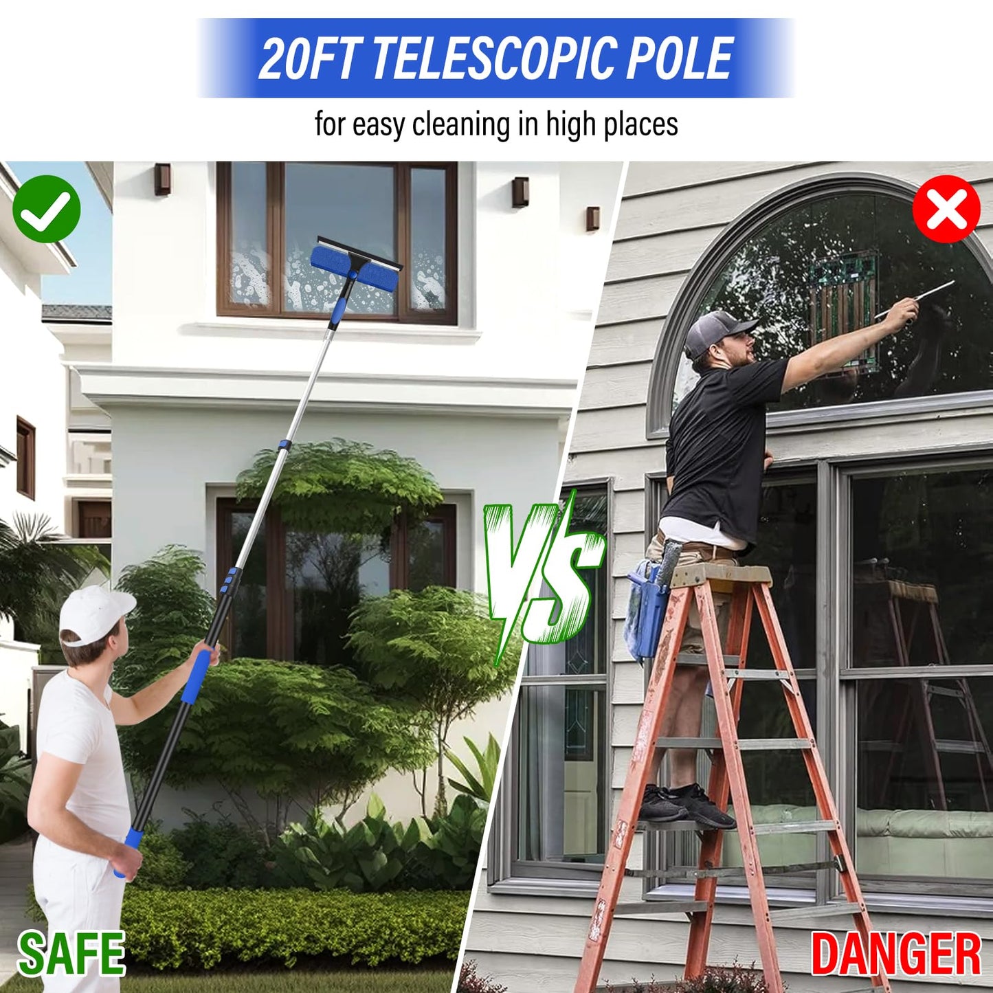 26FT+ Window Washing Kit with Extension Pole, High Reach Duster Kit, Cobweb Duster with 5-20FT Telescoping Pole, 2 in 1 Window Cleaning Squeegee Kit for Outdoor & Indoor Cleaning