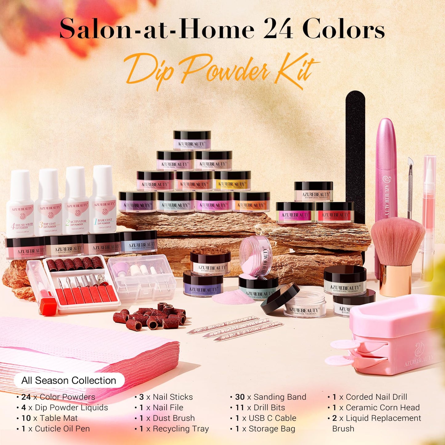 AZUREBEAUTY Dip Powder Nail Kit with Electric Nail Drill 24 Colors Bright Green Pink Orange Nail Starter Kit with Dip Liquids Base Top Coat Activator Portable Manicure French Nail Art Essential Set