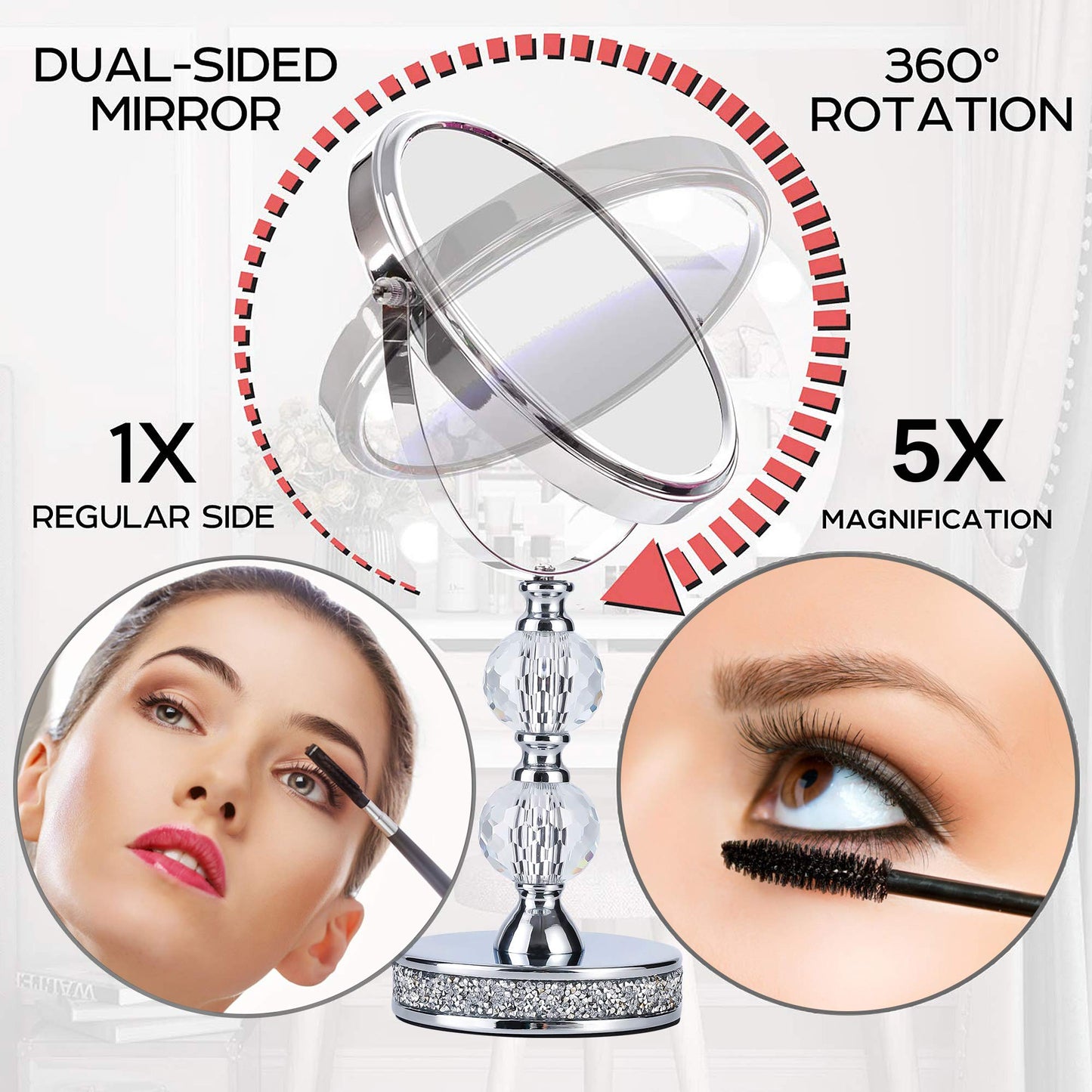 Makeup Mirror, 360 Degree Swivel Vanity Mirror, Crystal Cosmetic Mirror, 1X/5X Magnifying Double Sided Mirror,Adjustable Makeup Mirror M020