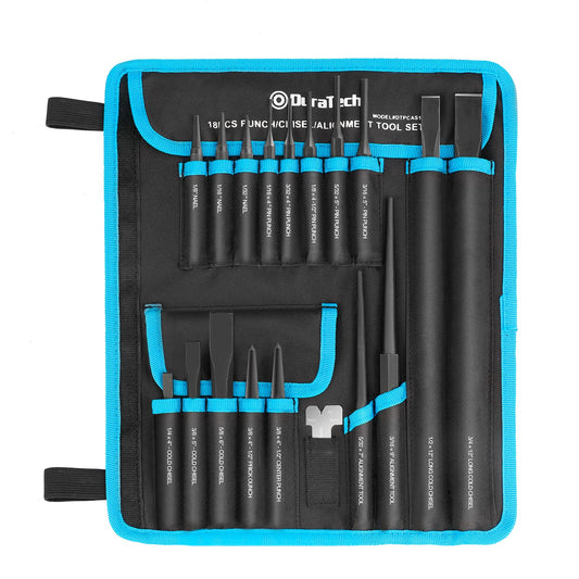 DURATECH 18 Piece Punch/Chisel/Alignment Tool Set, Including Pin Punch, Center Punch, Nail punch, Alignment Tool, Cold Chisel, Chisel Gauge, for Removing Repair Tool, with Rolling Pouch