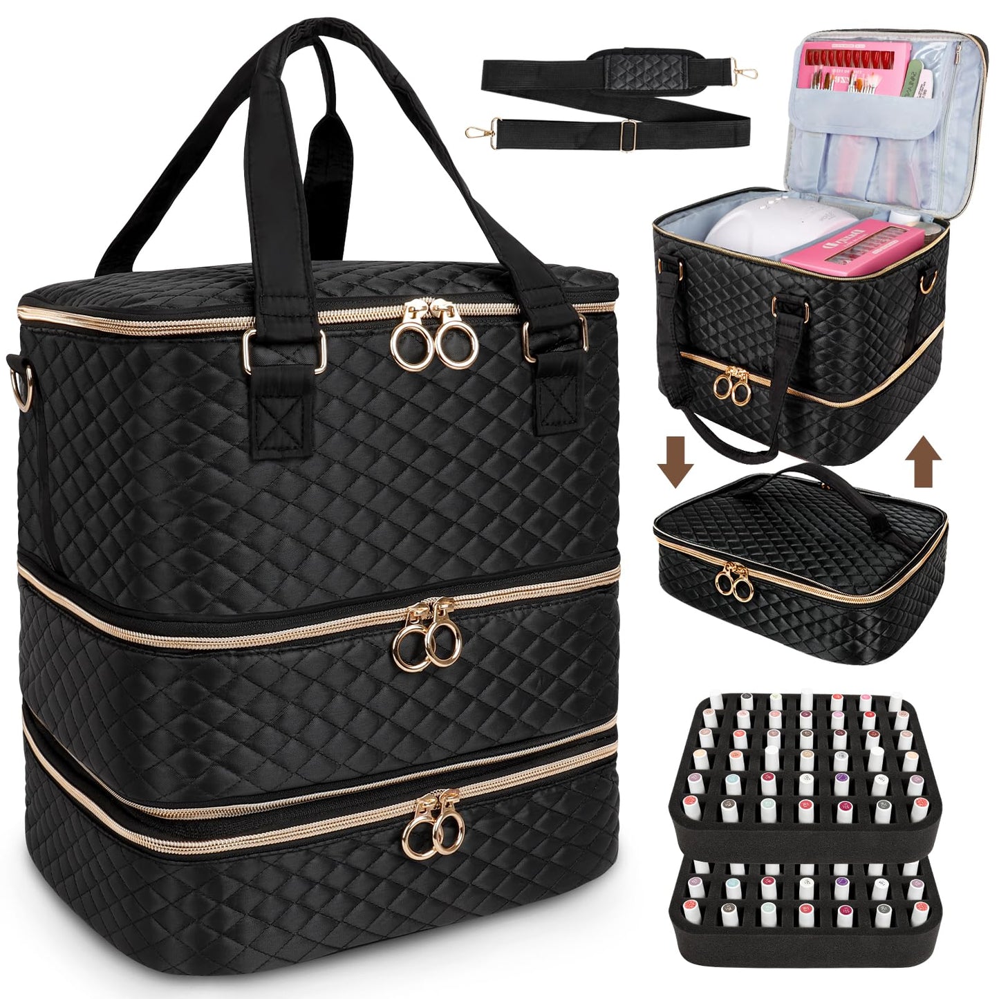 Nail Polish Organizer Bag, Three Layers Nail Polish Storage Organizer Holds 84 Bottles, Nail Kit Organizer Case For Nail Lamp, Nail Case Organizer And Travel Carrying Storage Bag for Nail Supplies