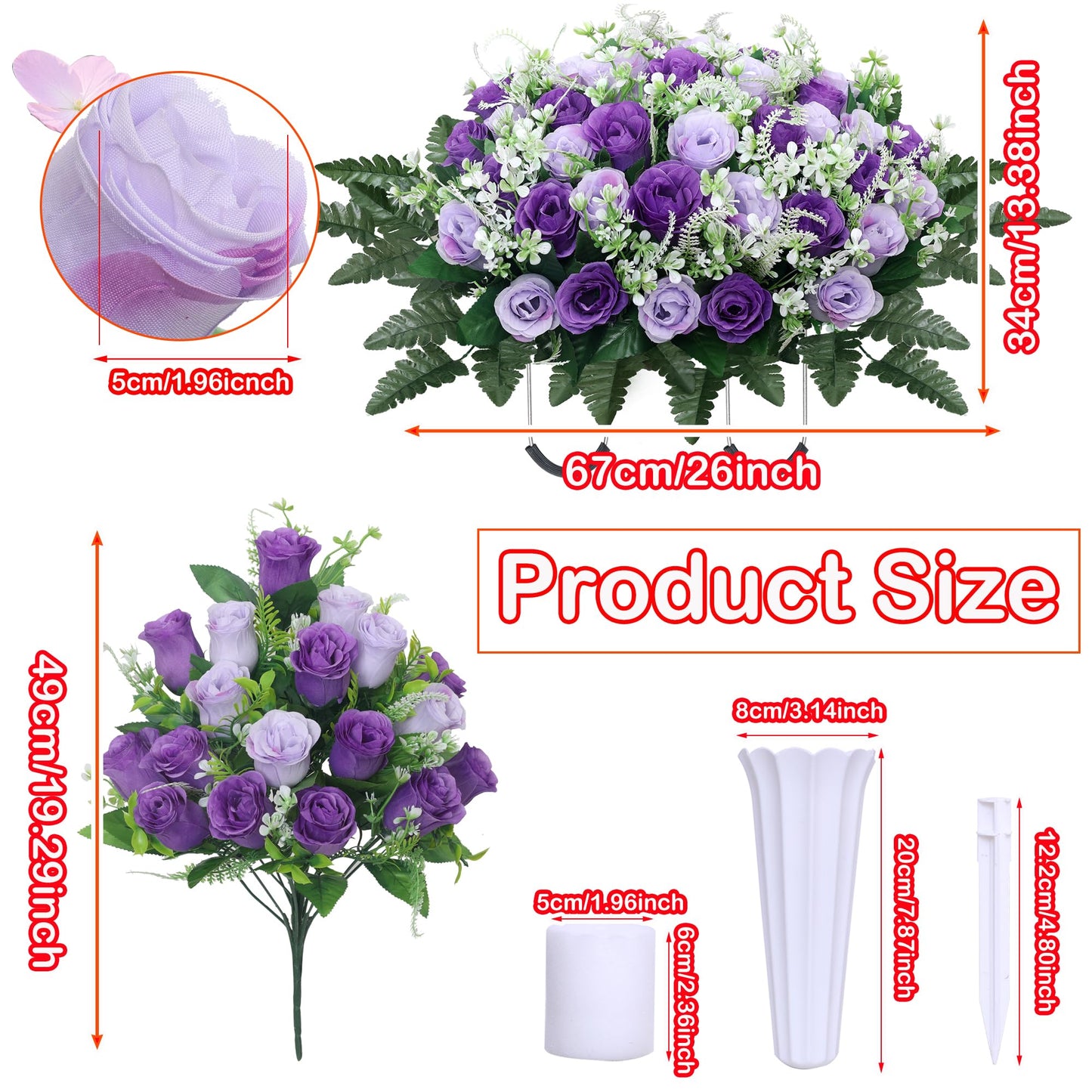 LOSFOTBO 3pcs Headstone Flowers Saddle for Tombstone,Cemetery Flower Memorial Bouquet with Vase,Rose Headstone Flowers Saddle (Purple)