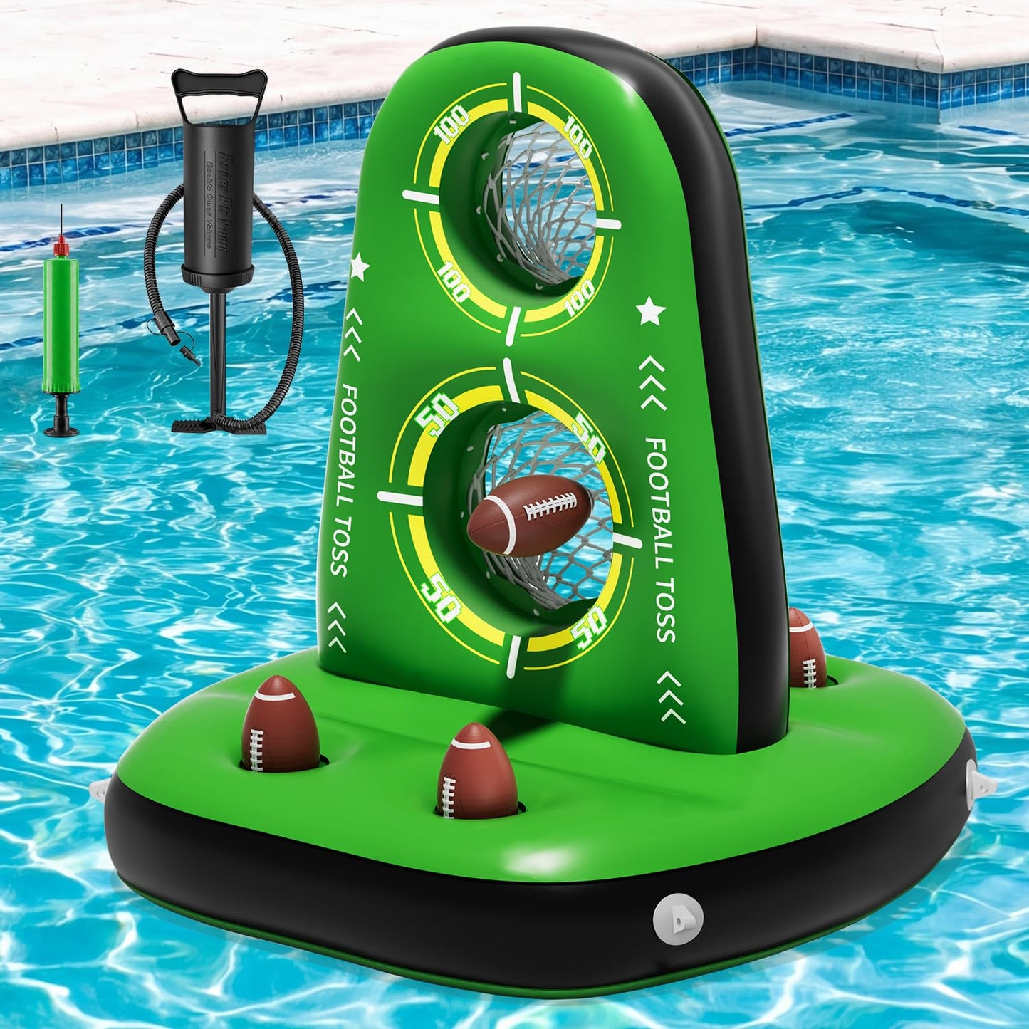 Qmioti Inflatable Football Toss Game for Pool, Floating Football Target with 4 Water Footballs & 2 Pumps, Stable Base, Outdoor Pool Games for Kids & Adults