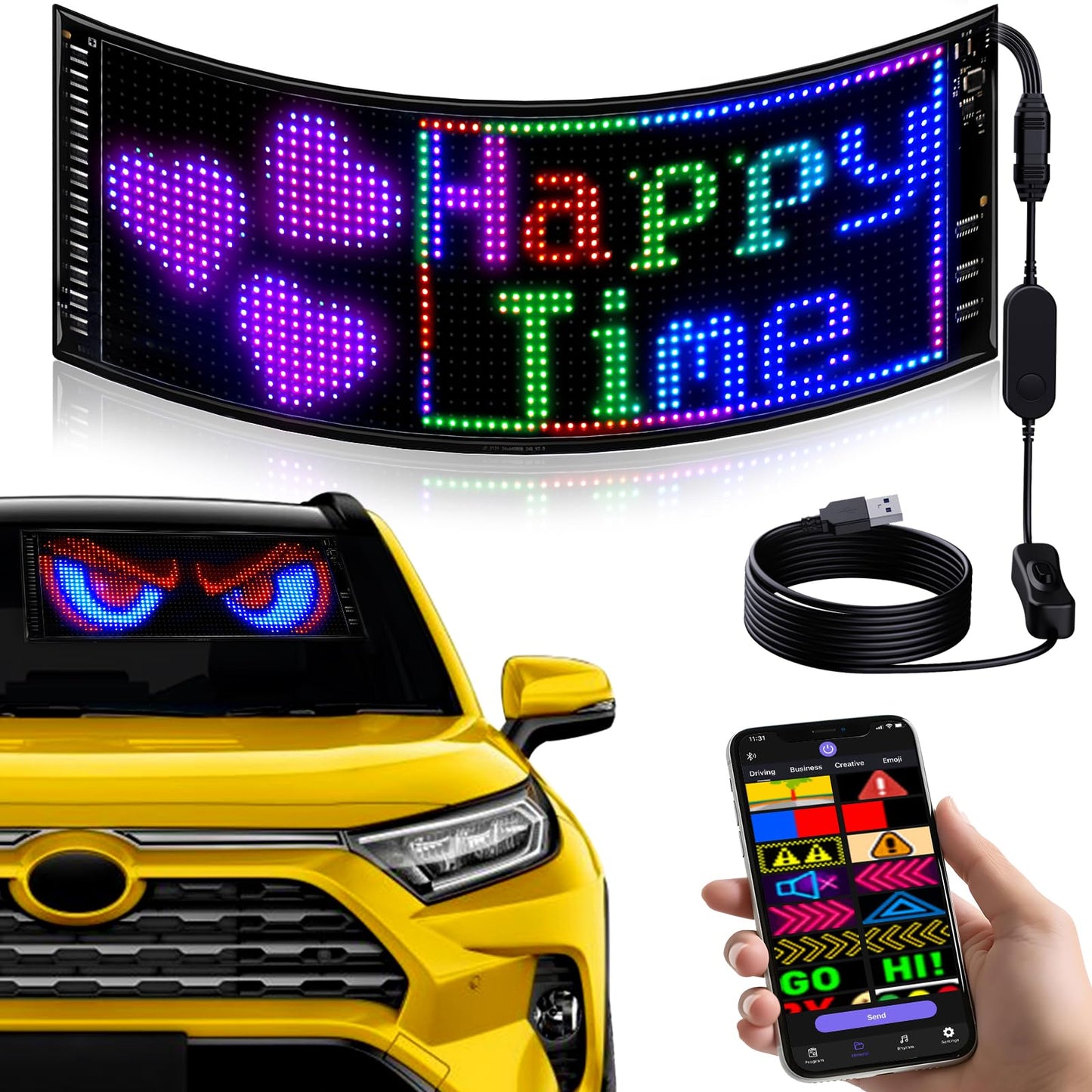 Double Row Programmable LED Signs | Flexible Light Sign for Car | Supports Single and Scrolling Display | Bluetooth APP Control | for Store/Bar/Car