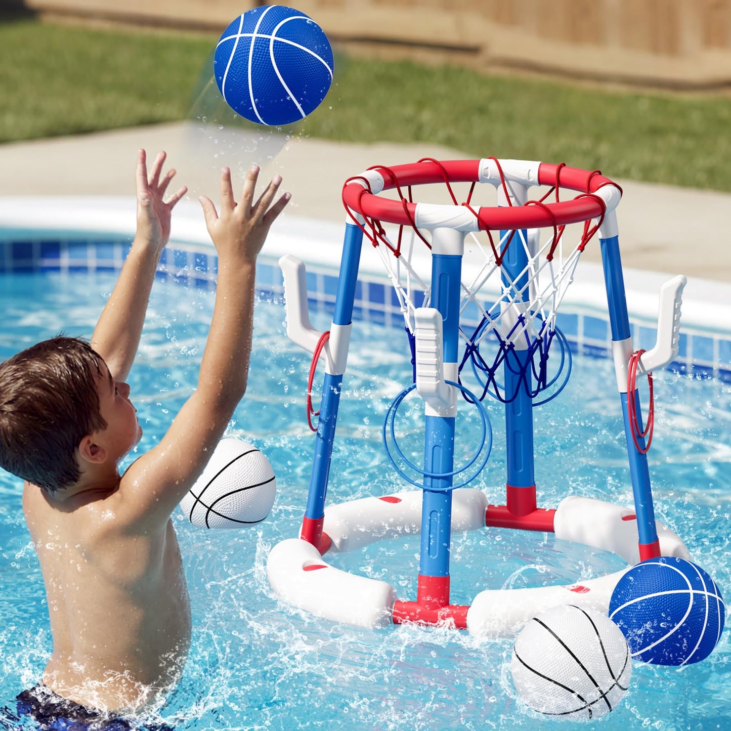 2 in 1 Pool Basketball Hoop Set with Ring Toss Game, Floating Water Pool Toys with 4 Balls, 8 Rings & Pump, Summer Outdoor Swimming Pool Toys Gifts for Adults Kids Teens, Red
