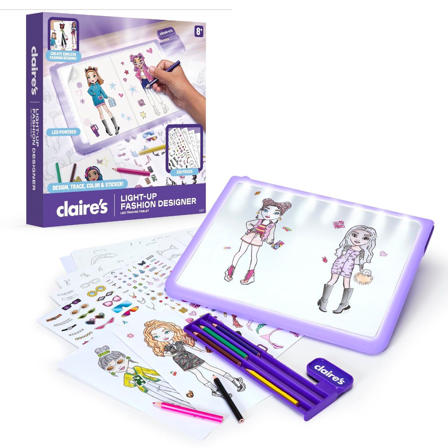 Claire’s Light-Up Fashion Designer LED Tracing Tablet – 330-Piece Design Kit with Templates, Stickers, Paper & Hidden Pencil Storage