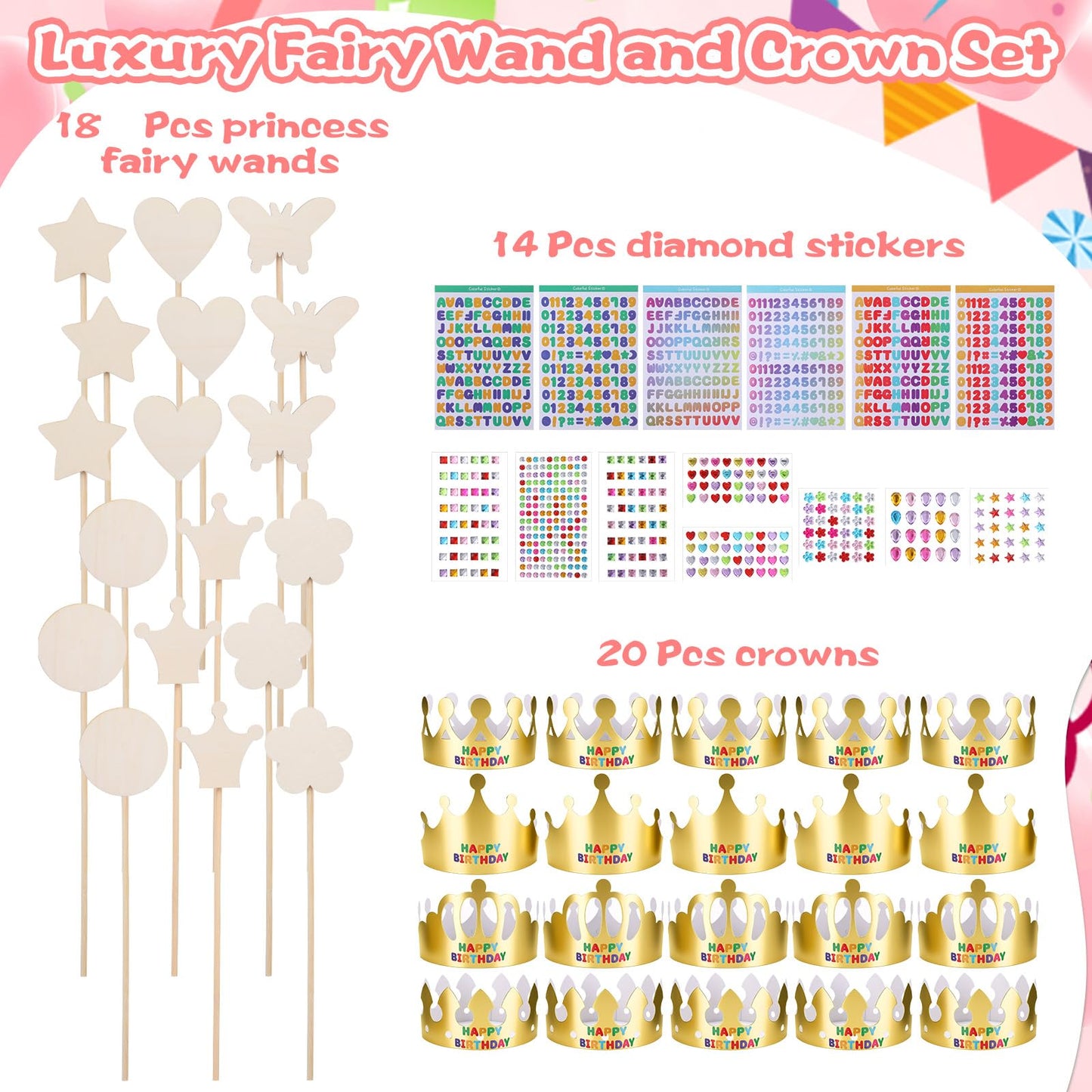 52pcs Princess Fairy Wands Kit,Make Your Own Princess Wand Include 18 Pieces 6 Styles Unfinished Wooden Princess Wand,Gold Paper Crowns, Gem Stickers, Letter and Number Stickers, Princess Art Magical
