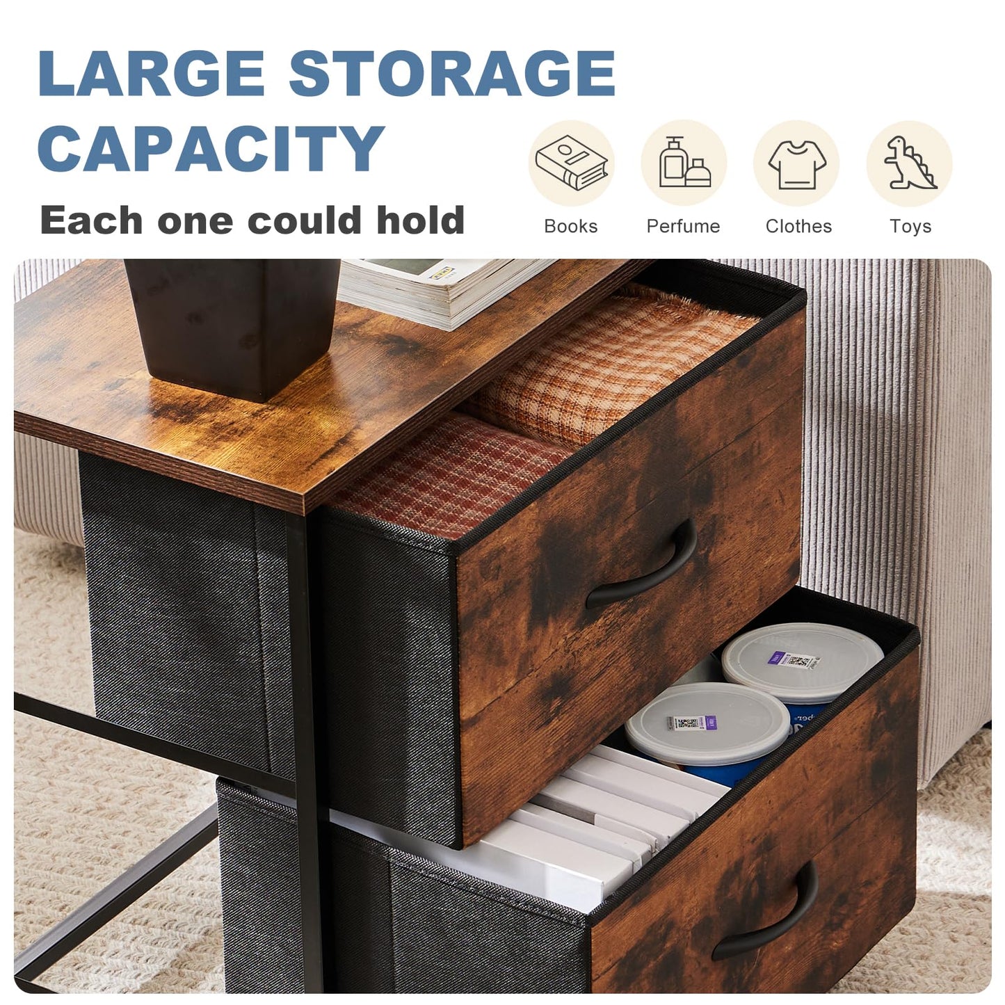 DUMOS Nightstand Small Dresser with 2 Fabric Drawers Side Tables Bedroom End Table Kids Bedside Storage Furniture for 20 inch Tall Night Stand for Closet, Entryway, College Dorm, Rustic Brown 2 Pack