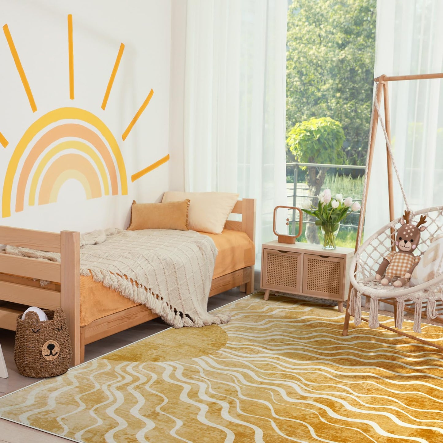 Wonnitar Sun 5x7 Area Rug, Boho Ombre Yellow Bedroom Rug Machine Washable Carpet, Ultra Thin Soft Non Slip Mid Century Nursery Carpet for Kids Room Living Room Playroom Classroom Decor