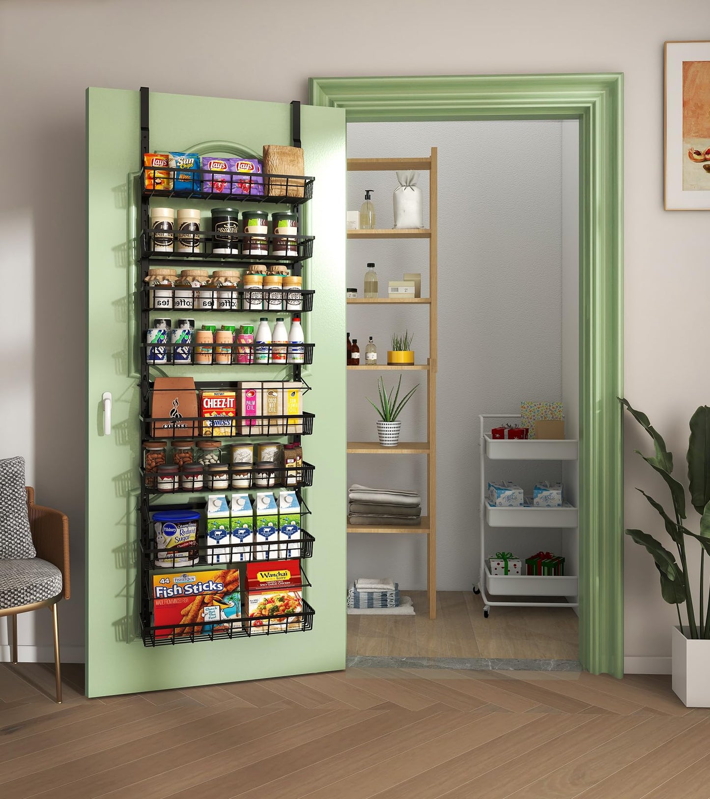 Mefirt Over The Door Pantry Organizer, Wall Mount Spice Rack, Pantry Hanging Storage and Organization, 8 Adjustable Baskets Heavy-Duty Metal for Home & Kitchen, Back of Door Seasoning Rack - Black