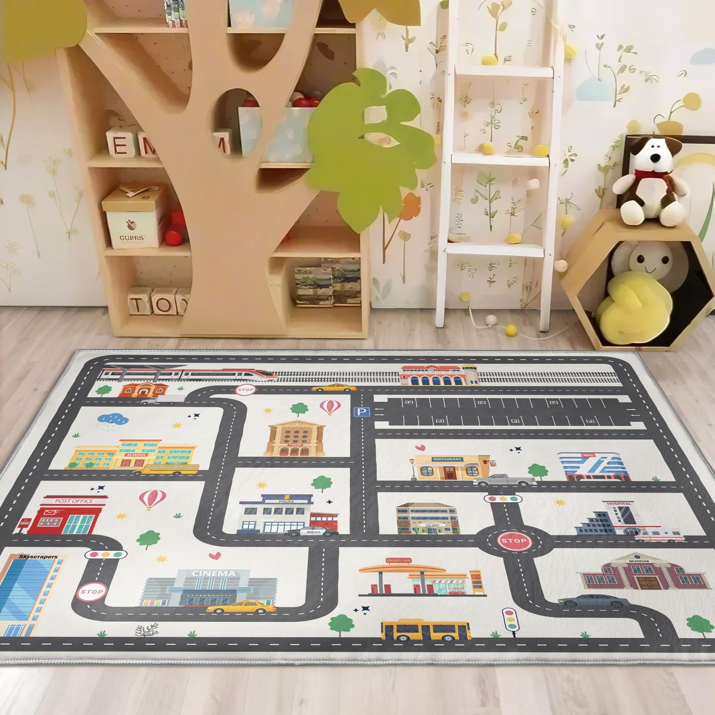 5x7ft Kids City Road Car Play Rug - Non-Slip Faux Wool Carpet with Interactive City Map Design, Educational Toy Vehicle Mat for Kids, Bedroom Playroom Nursery Gift.