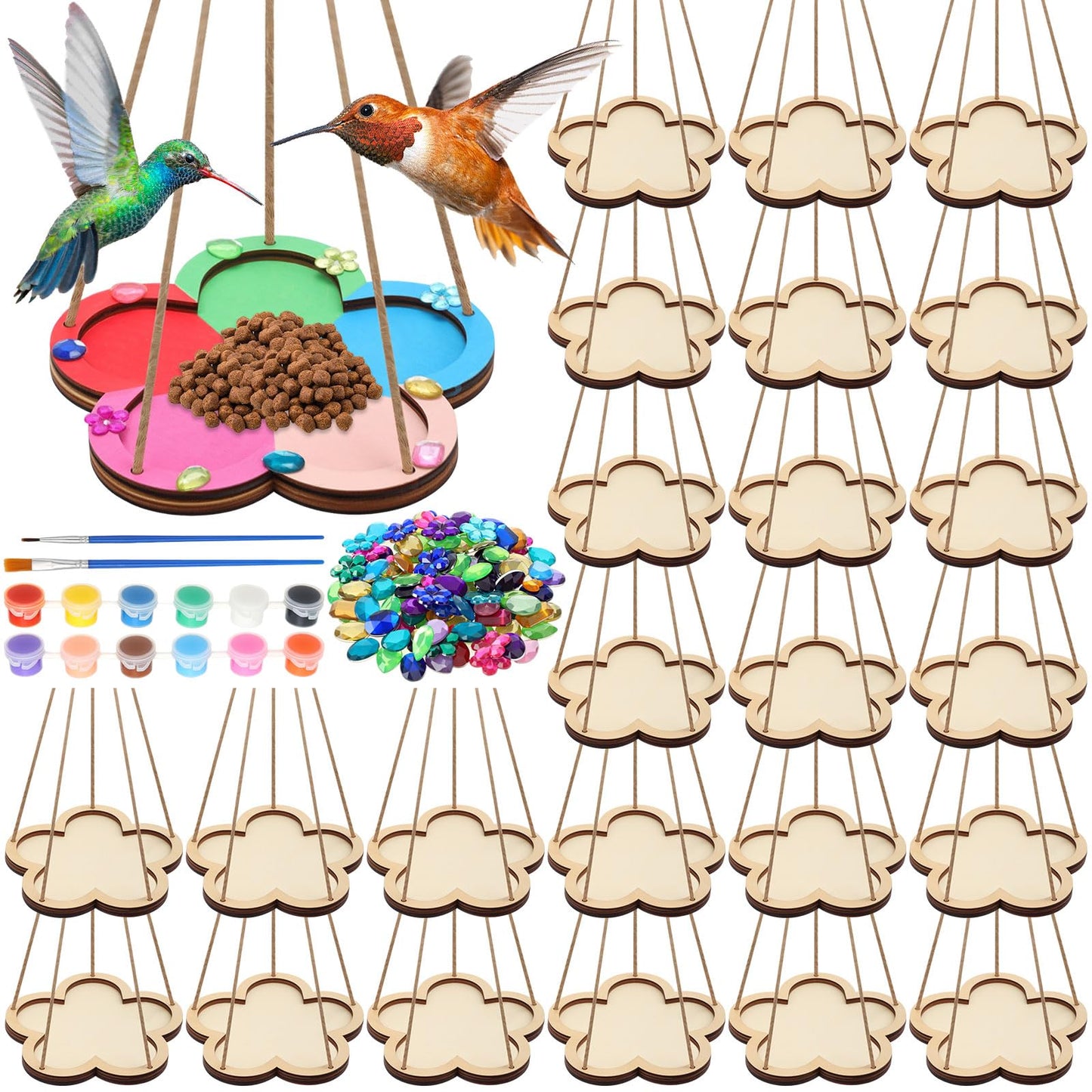 DoubleFill 24 Pcs DIY Bird Feeder Craft Kits for Kids Ages 5-8 8-12, 24 Flower Wooden Bird House, 4 Sets Watercolor and 200 Acrylic Diamonds for Children Spring Craft Activity Art DIY Project