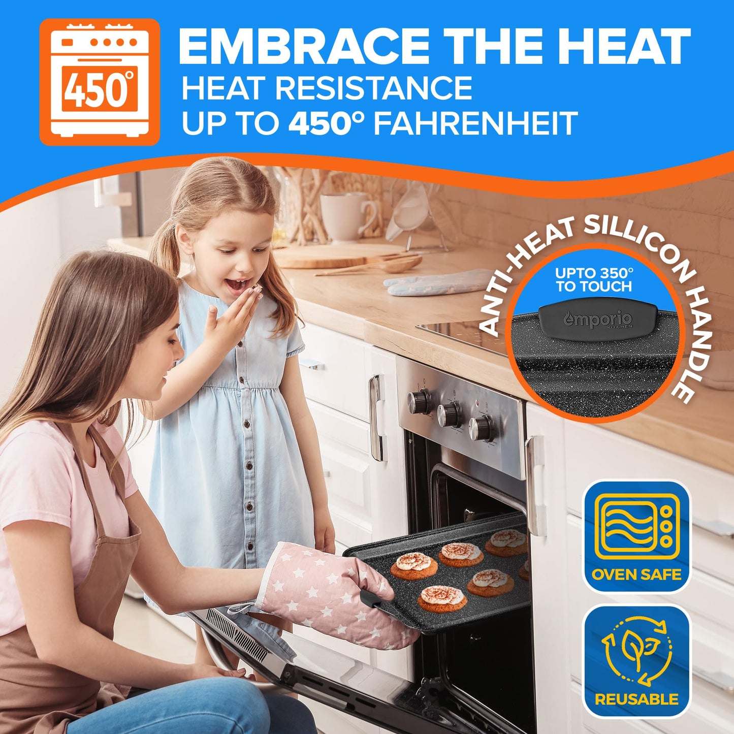 Emporio Kitchen Baking Pan Set - Nonstick Coating, Carbon Steel Bakeware Set with Gray Silicone Handles, PFOA, PFOS, PTFE Free, Recipe Booklet Included, Oven Safe Tray (Up To 450° F), Set of 25 - Gray